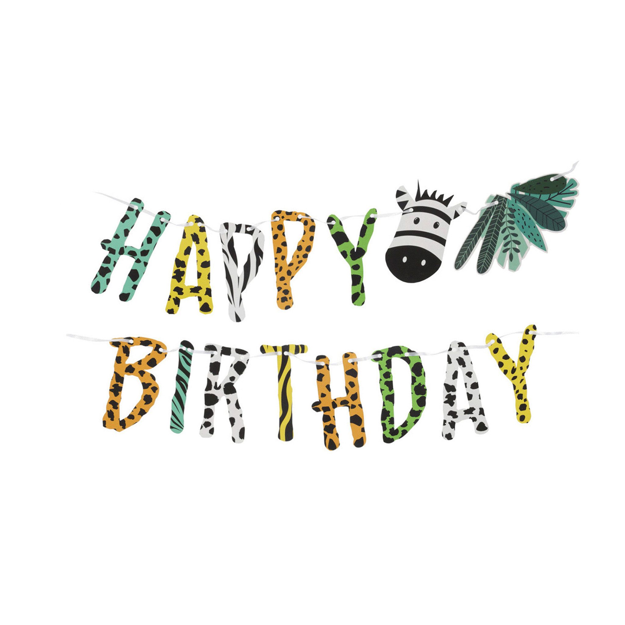 Free & Easy Girlande, Happy Birthday Girlande 180cm mit Tiermuster / Zebra Motiv Bunt