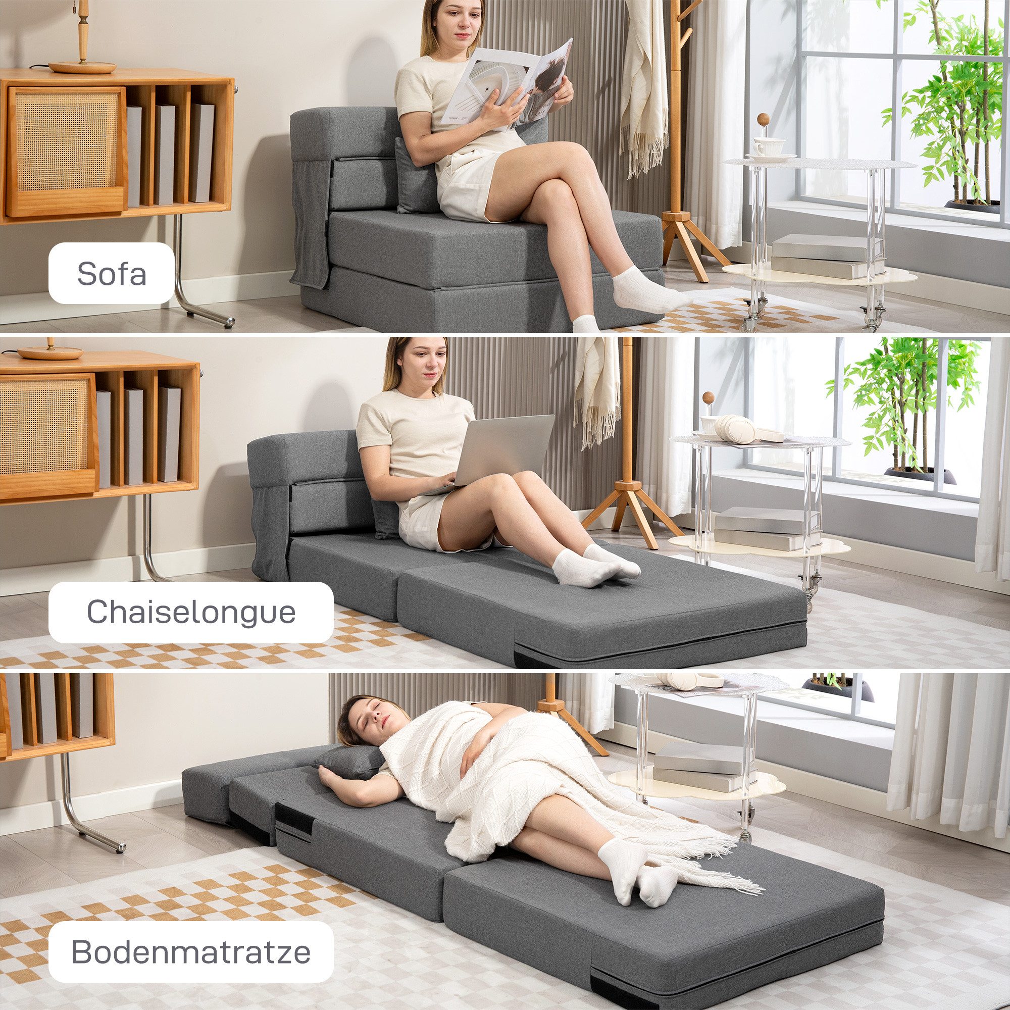 HOMCOM Schlafsofa Klappbar Sessel mit Verstellbarer Rückenlehne Kissen Gästebett, Gästebett 1 Teile, 3-in-1 Schlafsessel, klappbar, platzsparend – Bild 4 von 5