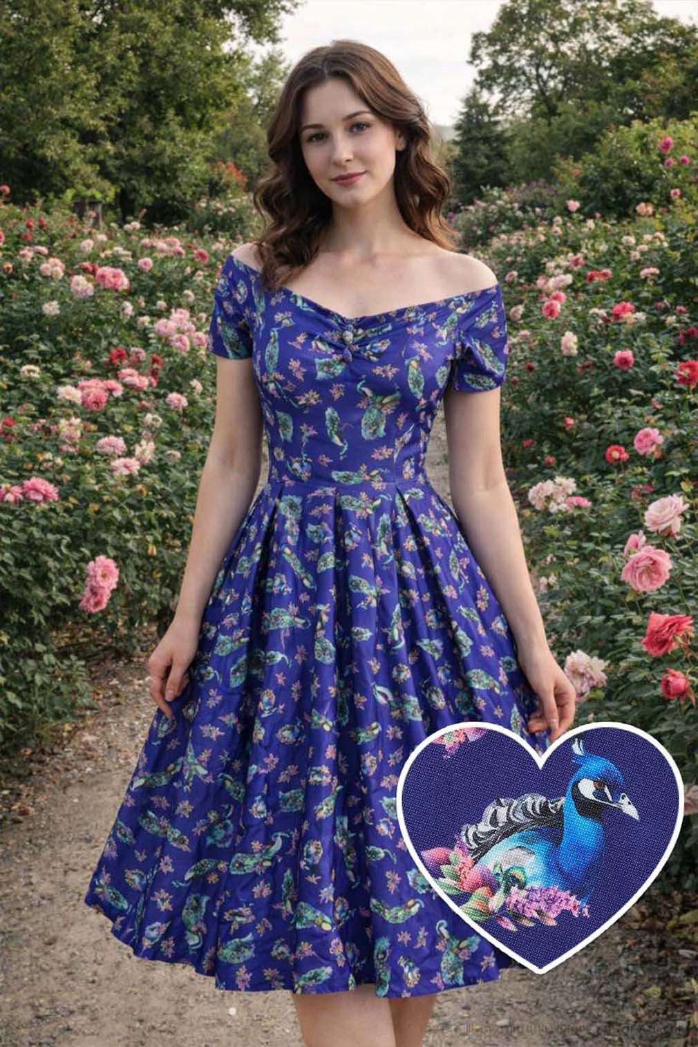 Dolly and Dotty A-Linien-Kleid Lily Purple Peacocks Off-Shoulder Vintage Retro