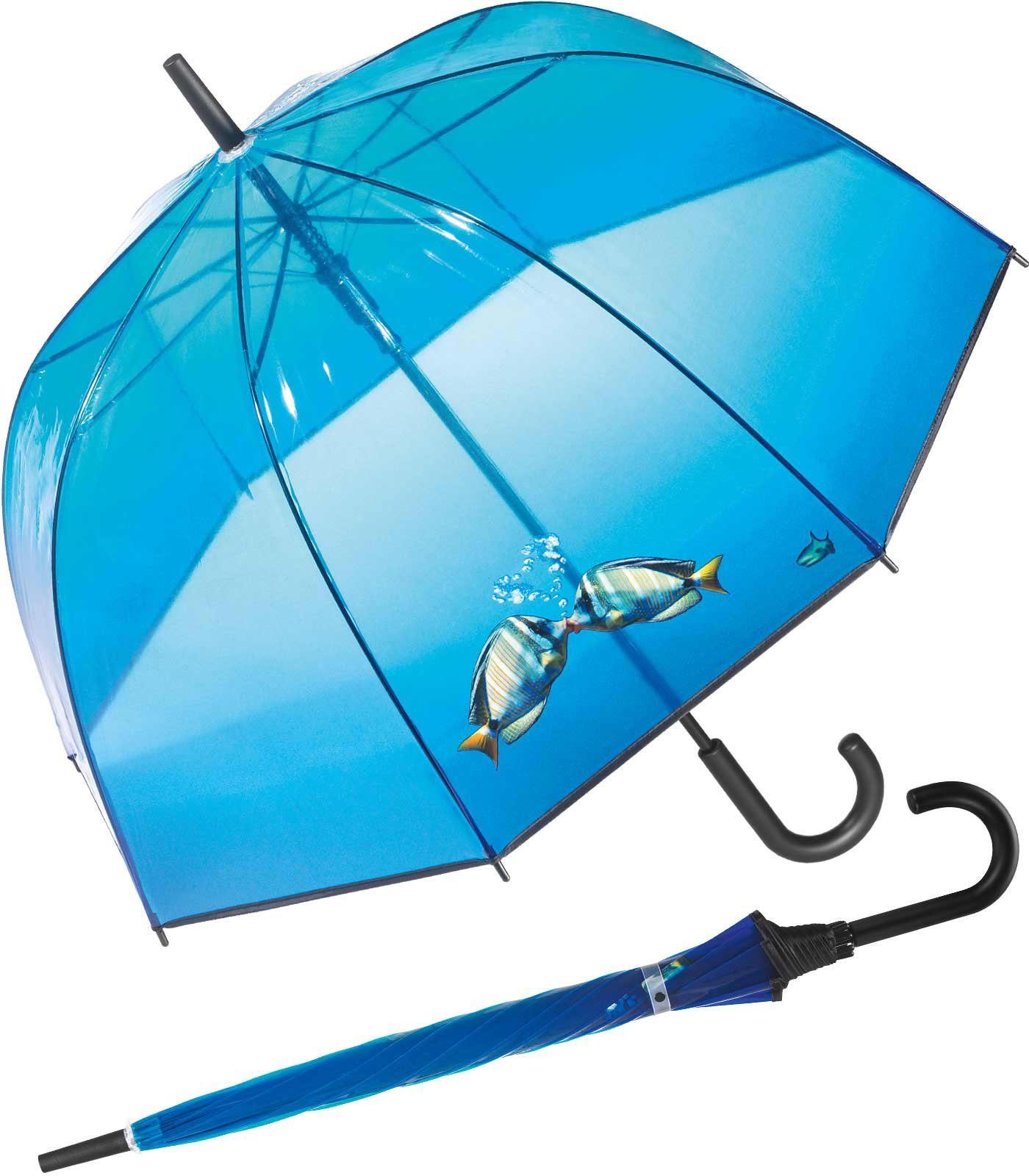 HAPPY RAIN Stockregenschirm großer, transparenter Glockenschirm für Damen, durchsichtig blau mit Fischen - kissing fishes