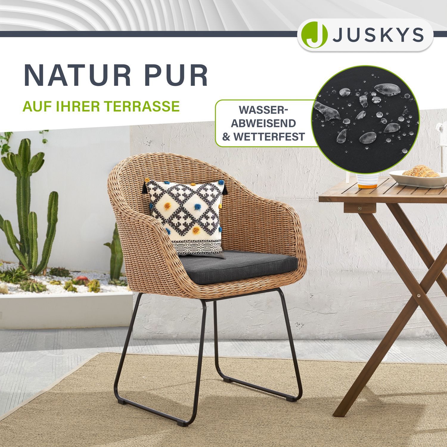 Juskys Gartenstuhl Cody (2 St), Rattan Korbsessel 2er Set, modern, Indoor & Outdoor, mit Kissen
