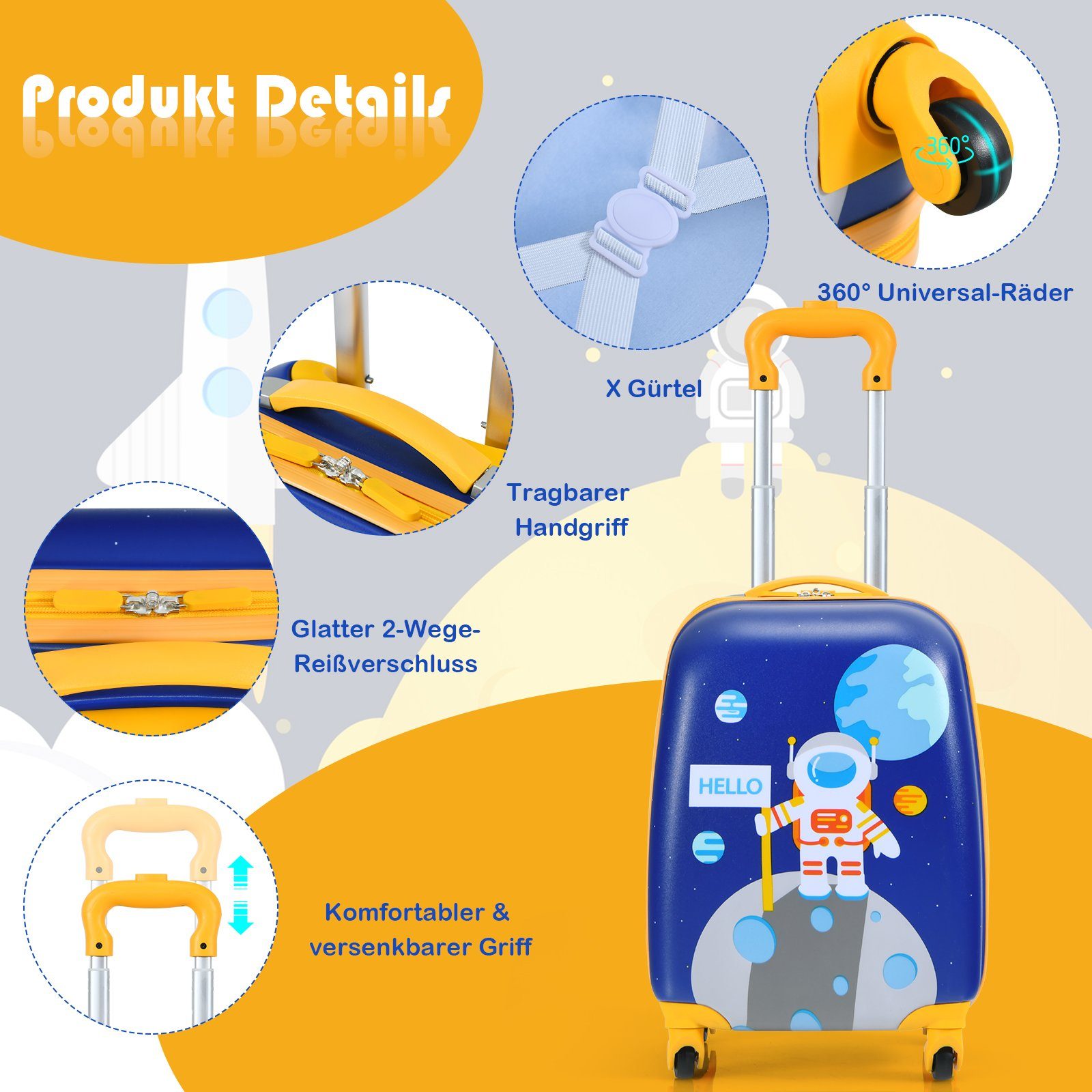 COSTWAY Kinderkoffer 2tlg Kinderkoffer, mit Rucksack – Bild 4 von 5