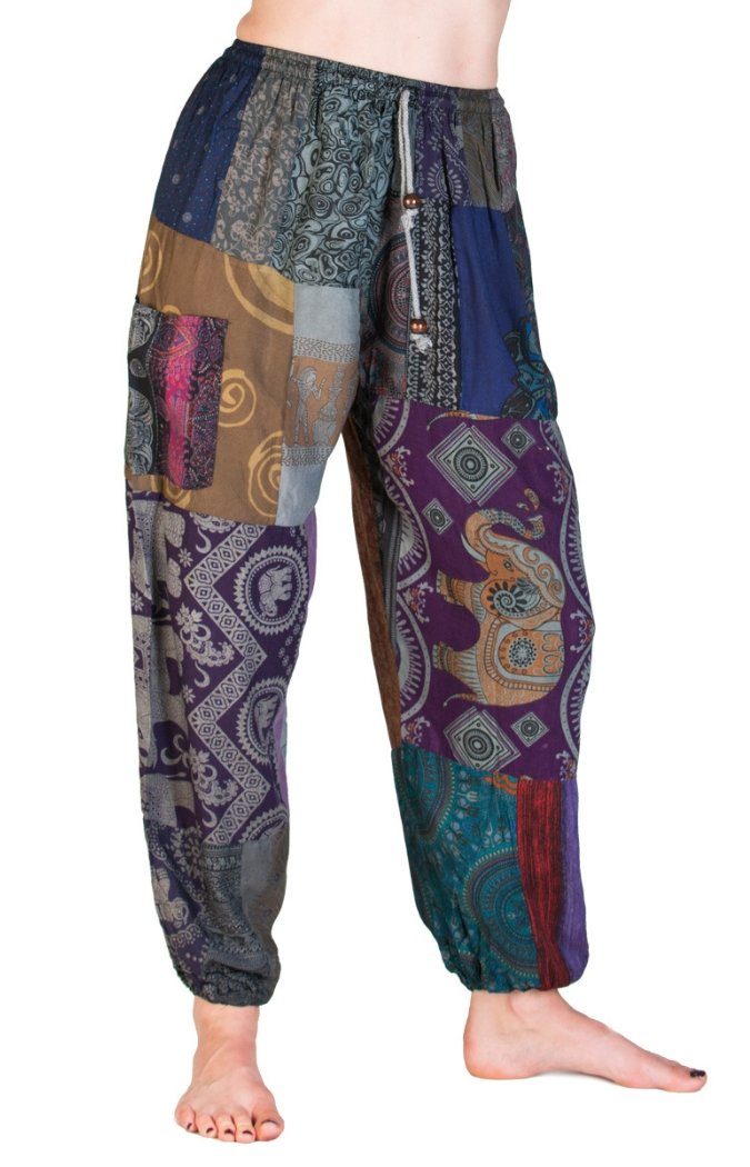 Seitentaschen Patchwork-bunt aus PANASIAM Sommerhose leichte natürlicher Aladinhose Viskose 001 für Damen mit bequeme Stoffhose Muckhose feiner Haremshose