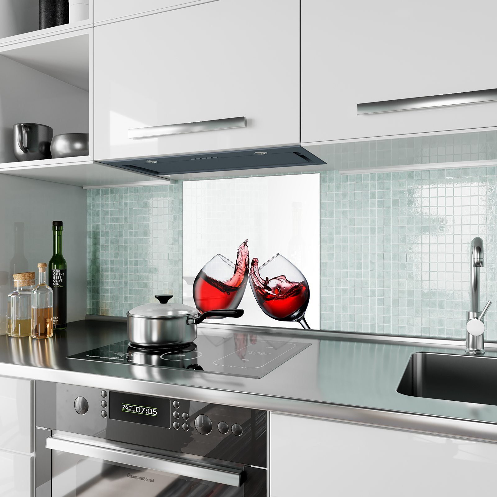 Glas mit Küchenrückwand Primedeco Motiv Glas Rotwein im Spritzschutz Toast mit Küchenrückwand