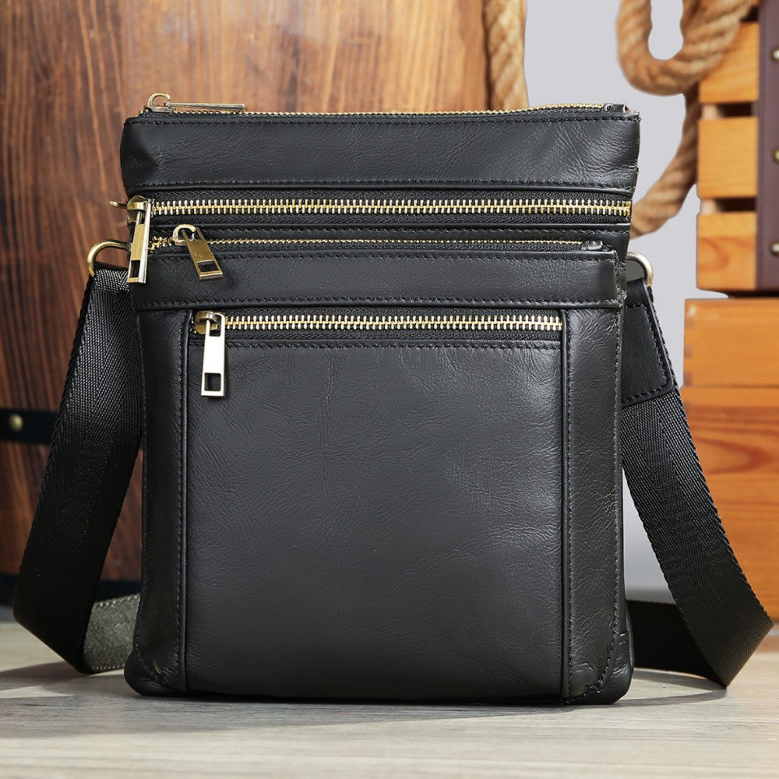YUBRO-STUDIO Schultertasche Herren Umhängetasche Echtleder Crossbody Schwarz Vintage Slim