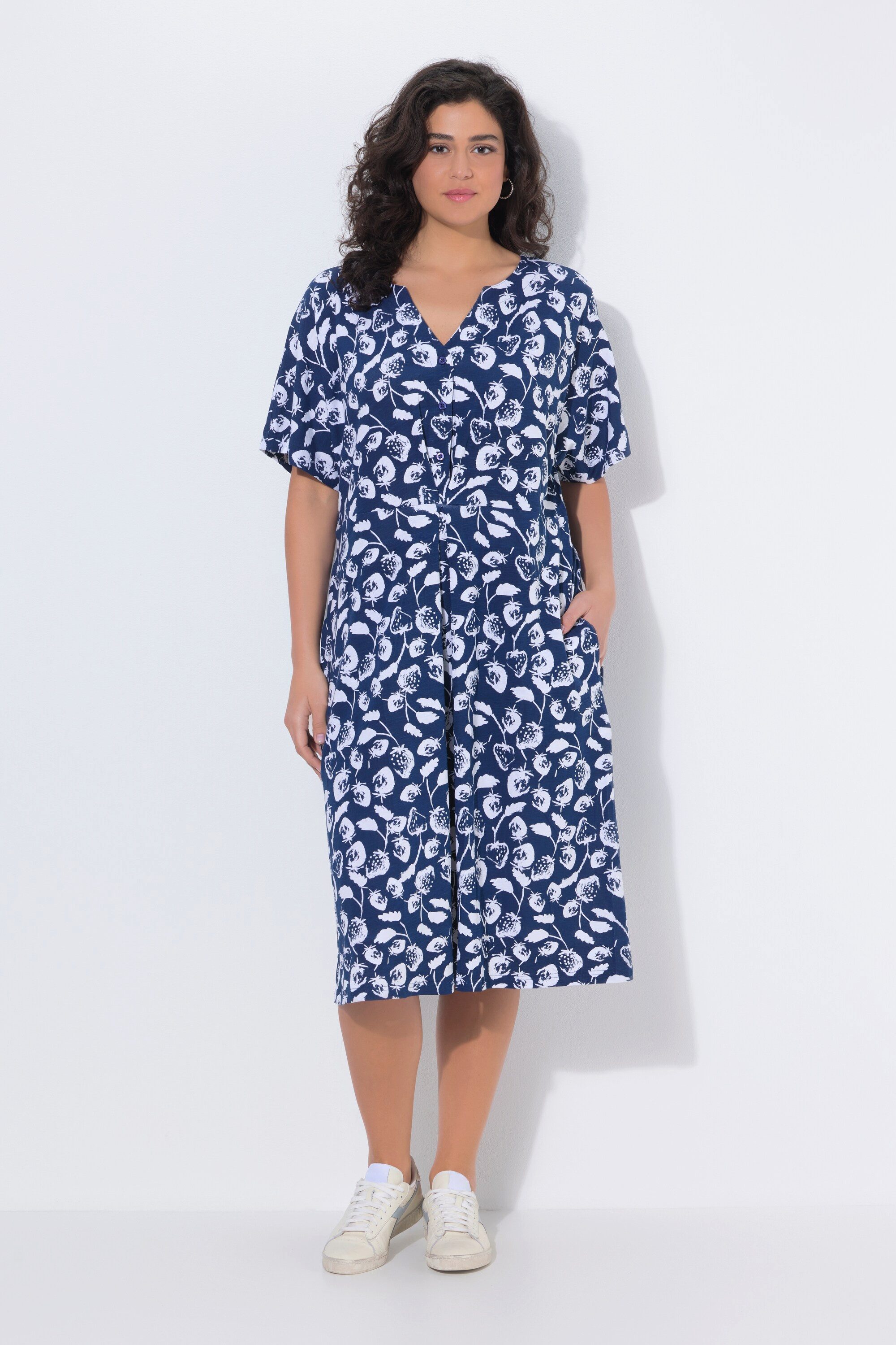 Ulla Popken Jerseykleid Midikleid Erdbeeren Tunika-Ausschnitt Halbarm