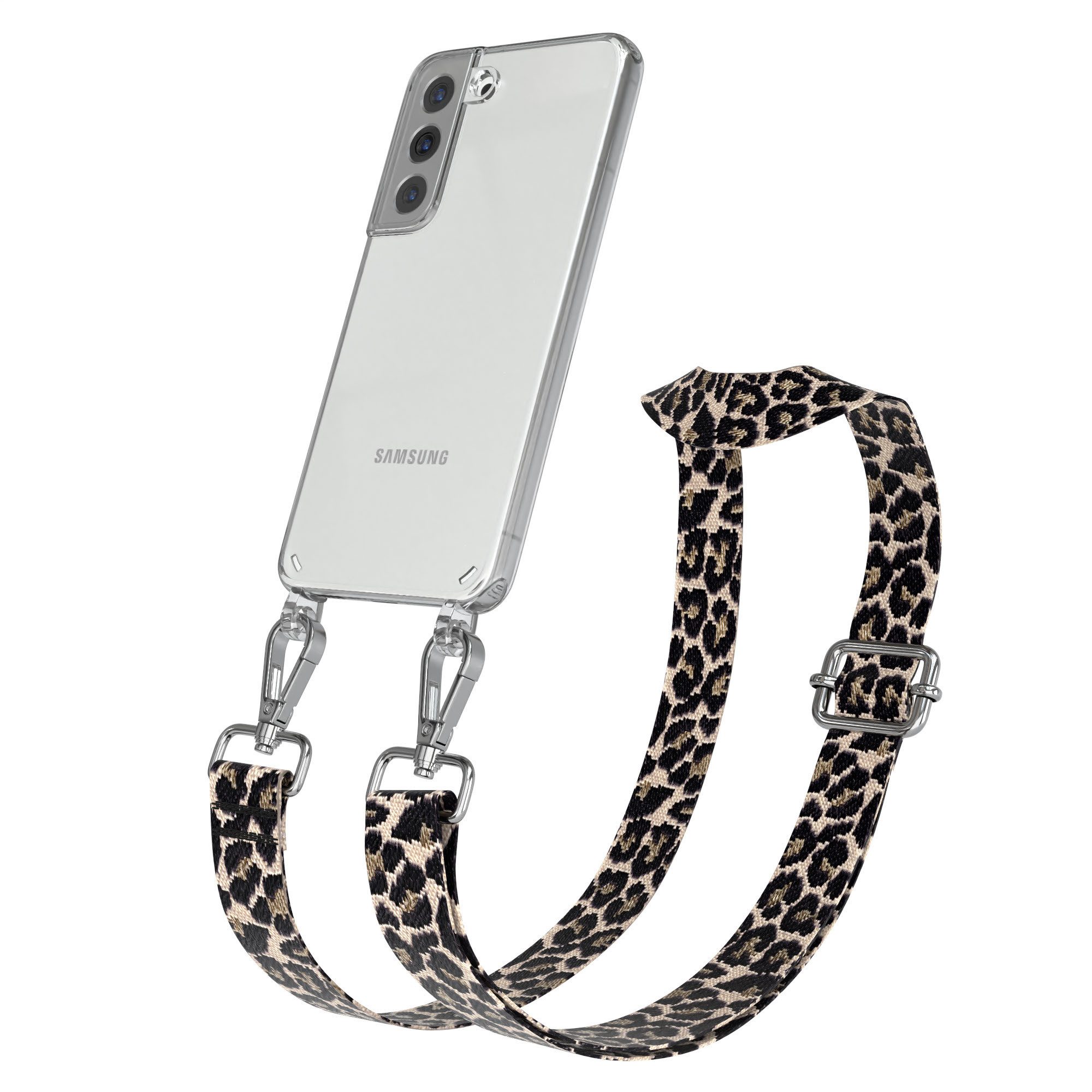 EAZY CASE Handykette Boho Umhängeband für Samsung Galaxy S22 5G 6,1 Zoll, Kettenhülle abnehmbare Kordel Slim Clear-Cover Leo-Style Schwarz Beige