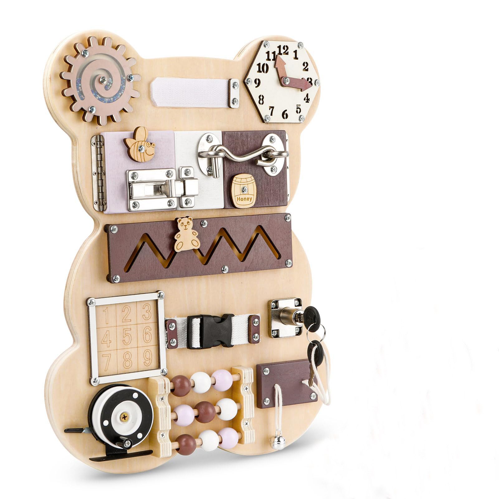 Zaewry Motorikbrett Motorikbrett Holz Montessori Spielzeug–Motorikwand & Aktivitätsbrett, (1-tlg), mit Schließmechanismus, Zahlenuhr & Motorikschleife