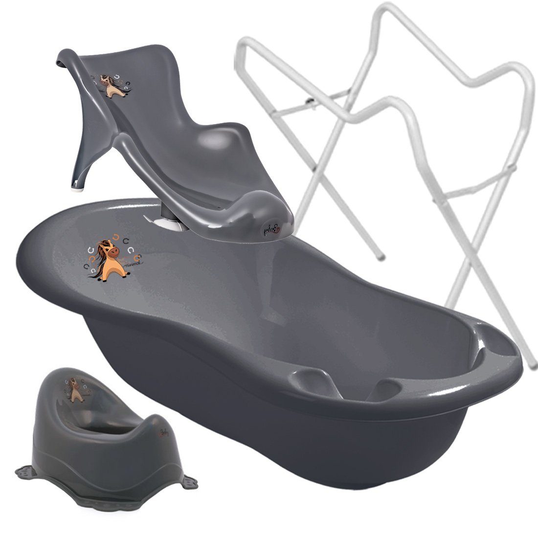 Maltex Babybadewanne PONY Graphit Set 3-tlg + Gestell Weiß - Babybadeset Zubehör Pflege, (Made in Europe Spar Set), ** Babywanne + Badesitz + Topf + Gestell ** | Babybadewannen