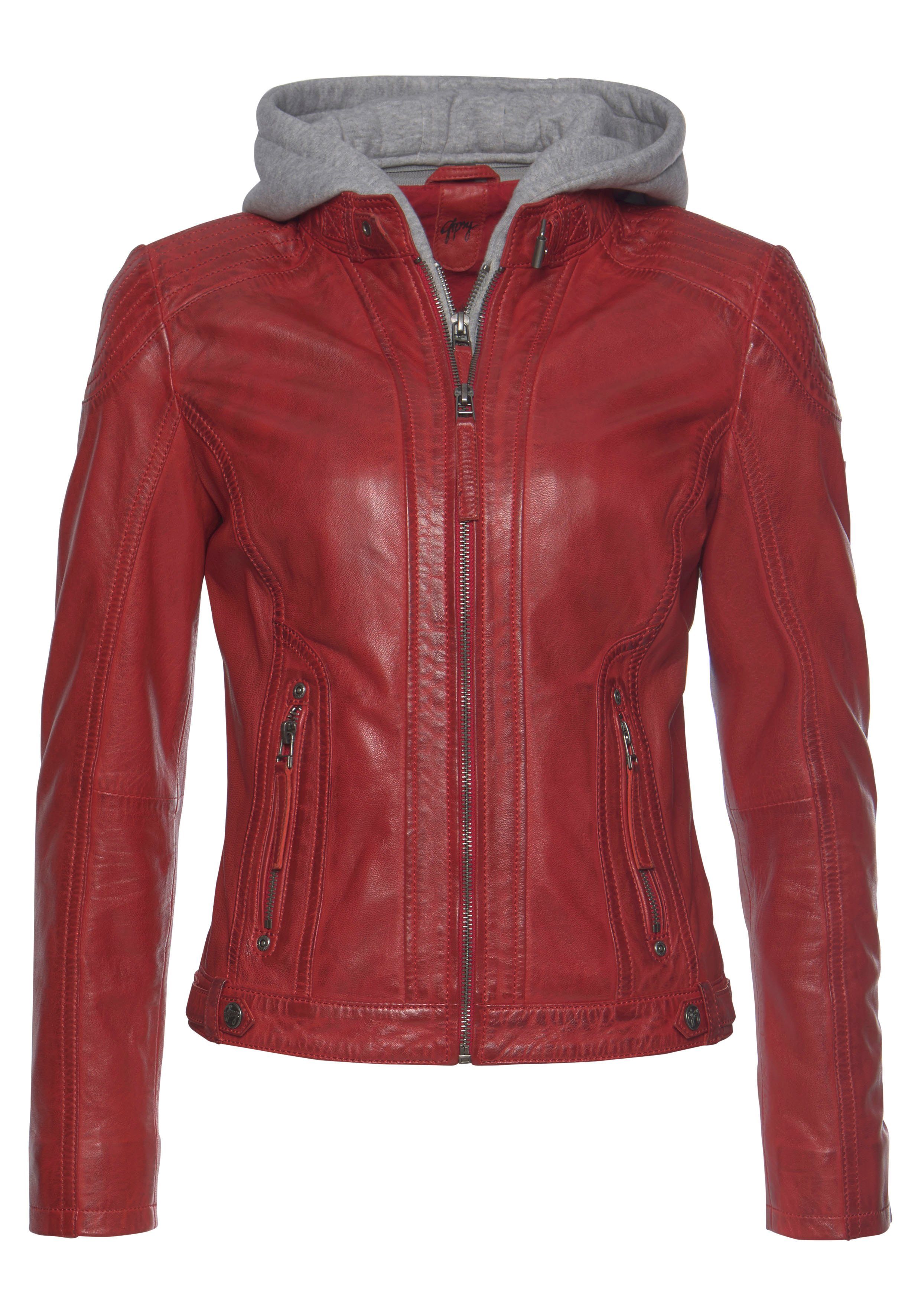 mit red abnehmbarem Lederjacke und Biker-Details Junja Gipsy aufwendigen Kapuzen-Einsatz