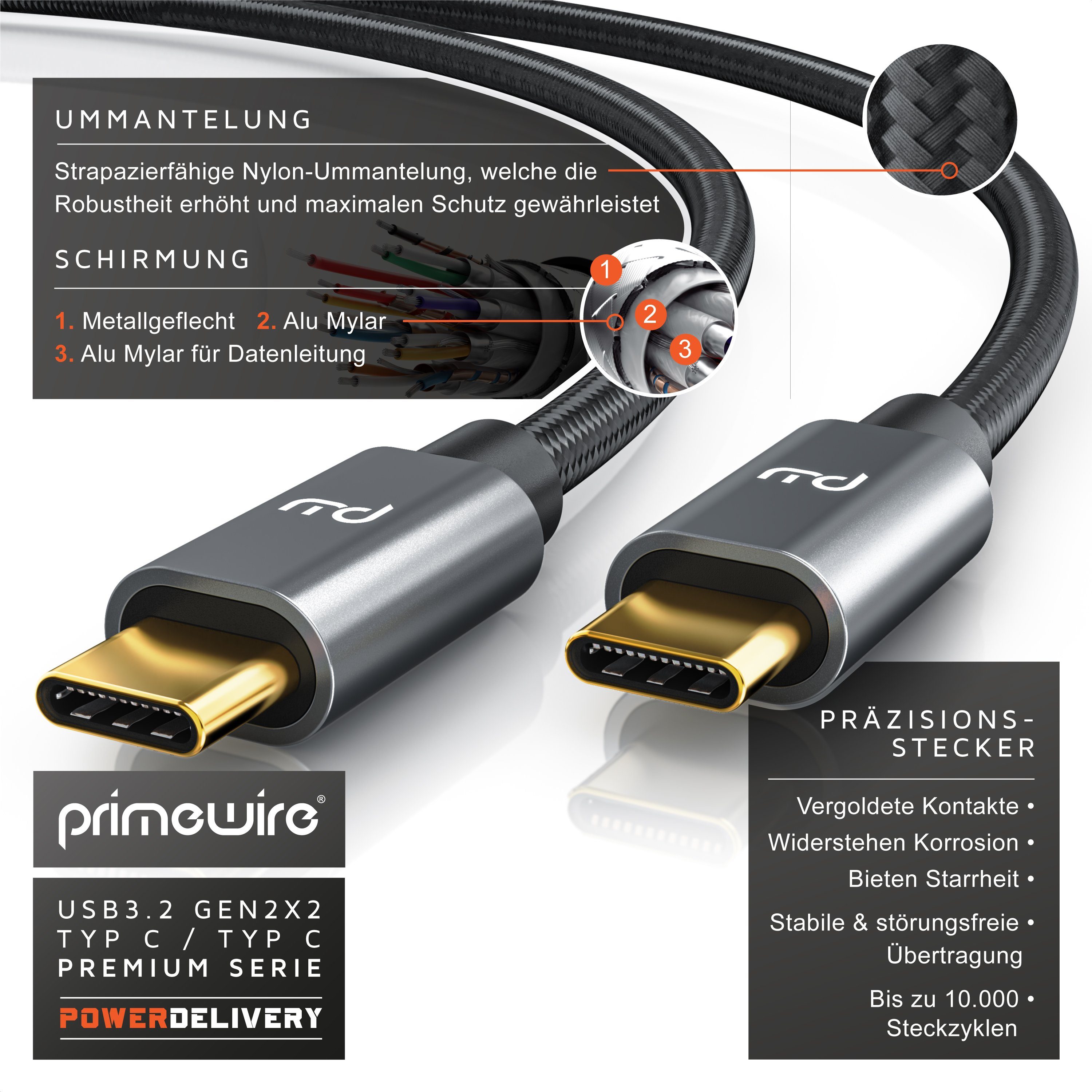 Primewire Gen 2x2-100 Watt PowerDelivery Ladekabel / Datenkabel 20 Gbit/s - 1m USB-Kabel, USB-C, 3.2 (100 cm), für Smartphone, Tablet, Notebook, MacBook, Ninten – Bild 4 von 5