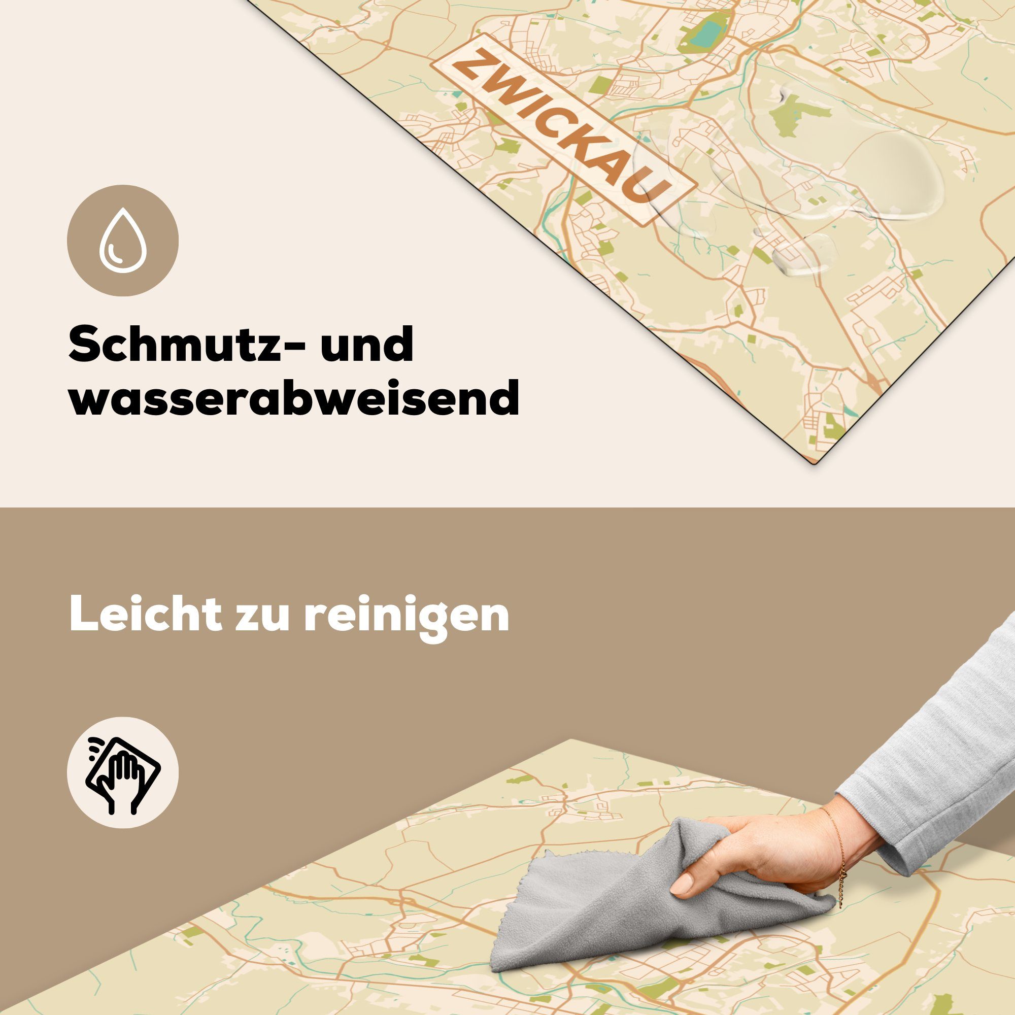 Karte Ceranfeldabdeckung, (1 MuchoWow für - Vinyl, tlg), Zwickau küche Arbeitsplatte Herdblende-/Abdeckplatte Vintage Stadtplan, - - 78x78 cm,