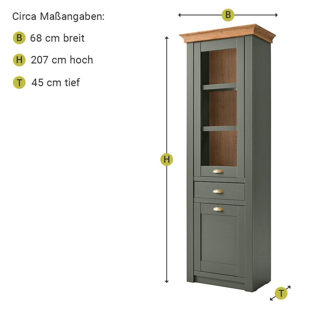 Vitrine grün 68/207/45cm im Landhausstil Wotaneiche, mit CINCINNATI-61 Lomadox B/H/T: