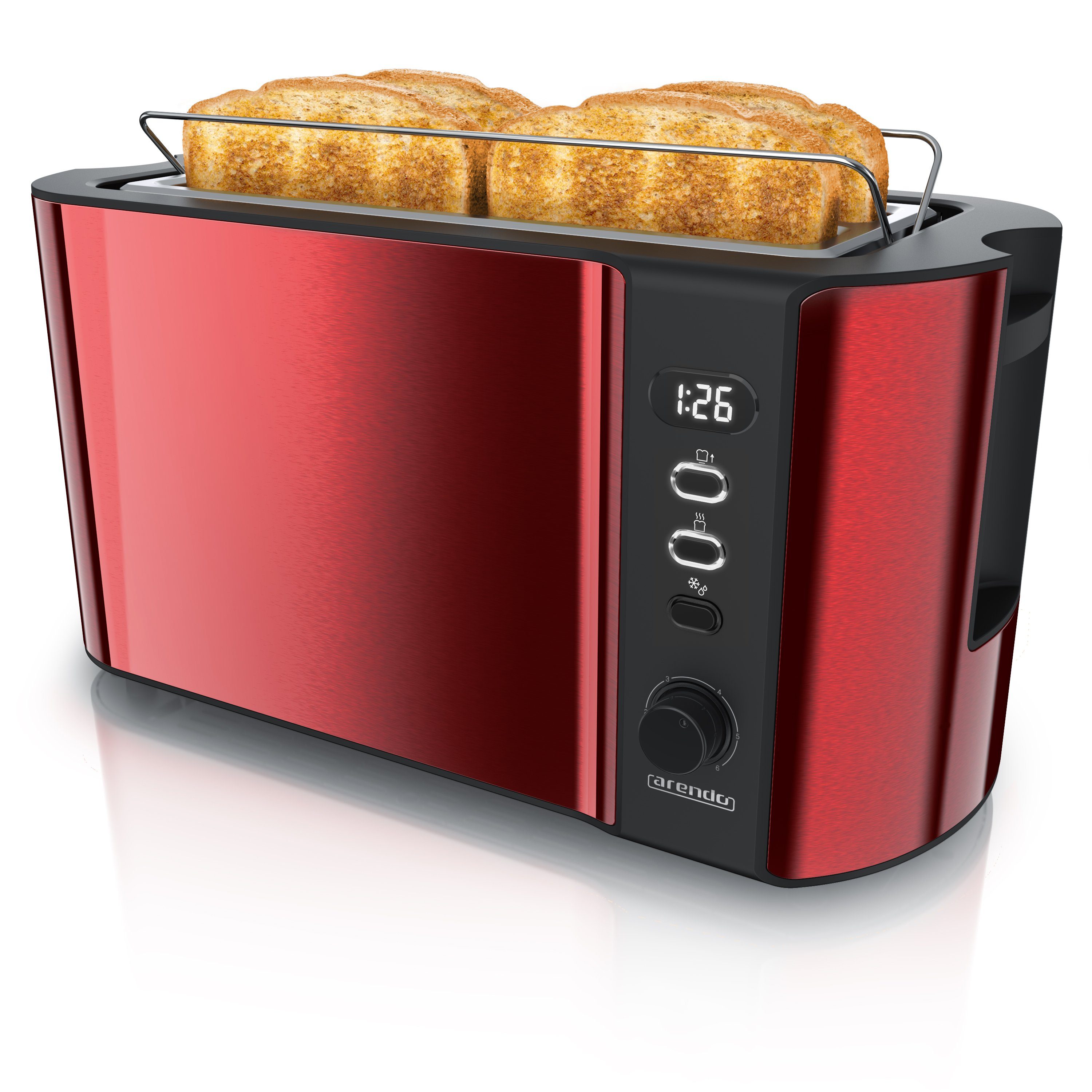 Arendo Toaster Langschlitz, Edelstahl, Display mit Restzeitanzeige, Krümelschublade, 2 lange Schlitze, für 4 Scheiben, 1500 W, Defrost Funktion, Wärmeisolierendes Gehäuse, mit Brötchenaufsatz