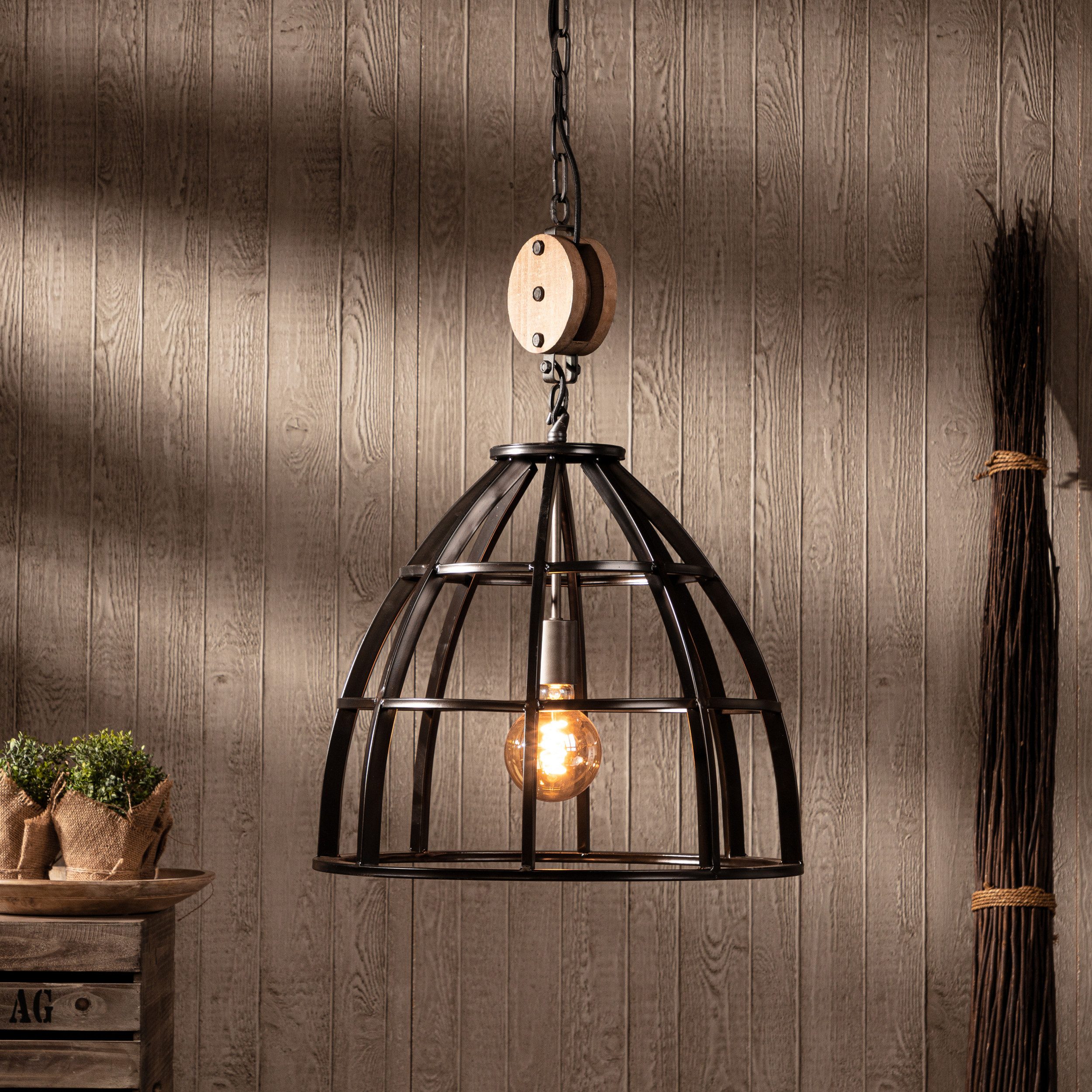 Lightbox Pendelleuchte, ohne Leuchtmittel, kürzbare Pendelleuchte im Castledesign - Metall/Holz 47cm Durchmesser