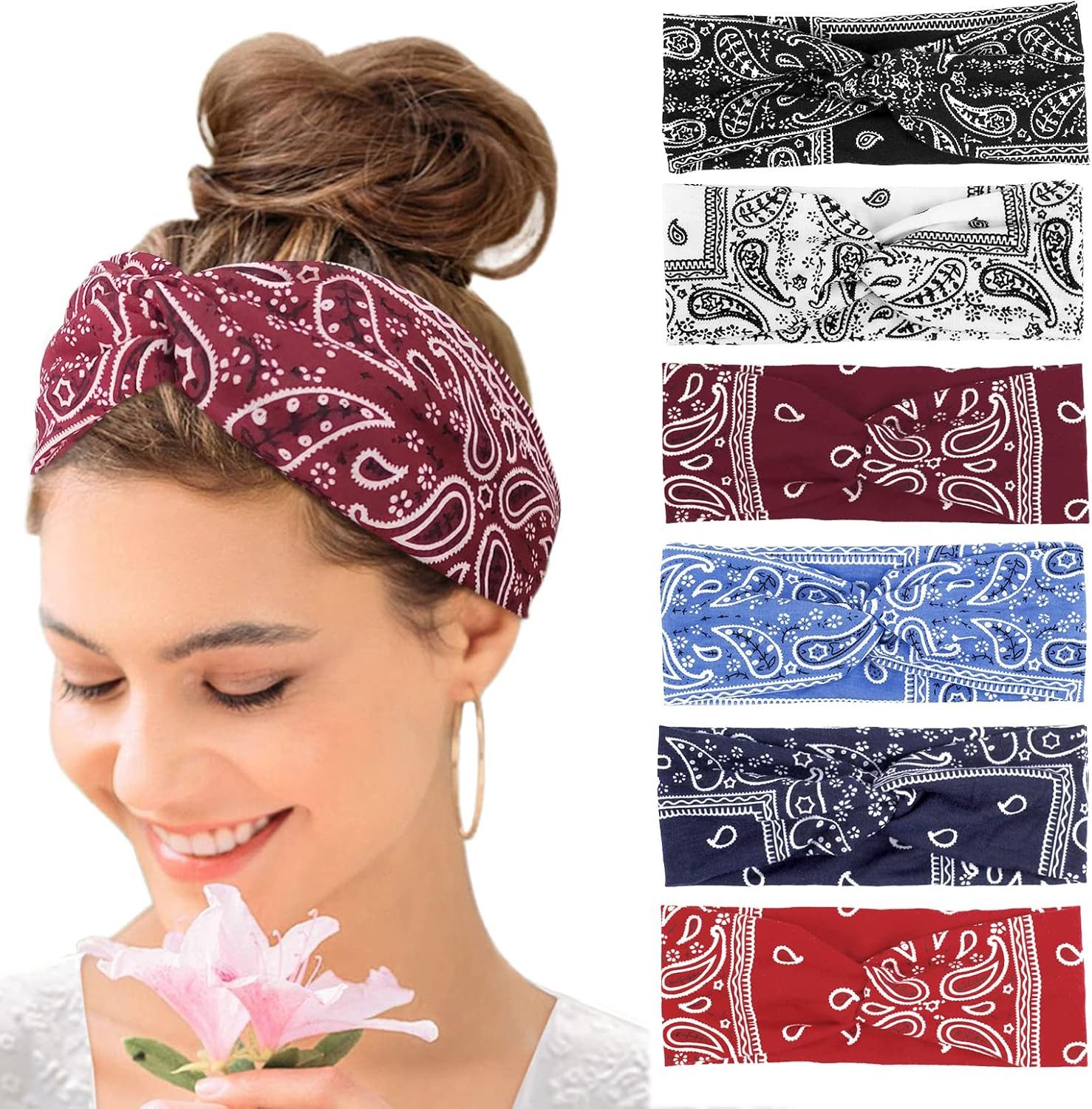 Zaewry Haargummi 6 Stück Sommer Stirnbänder Damen Boho Breite Haarband Yoga Stirnband, 6-tlg.
