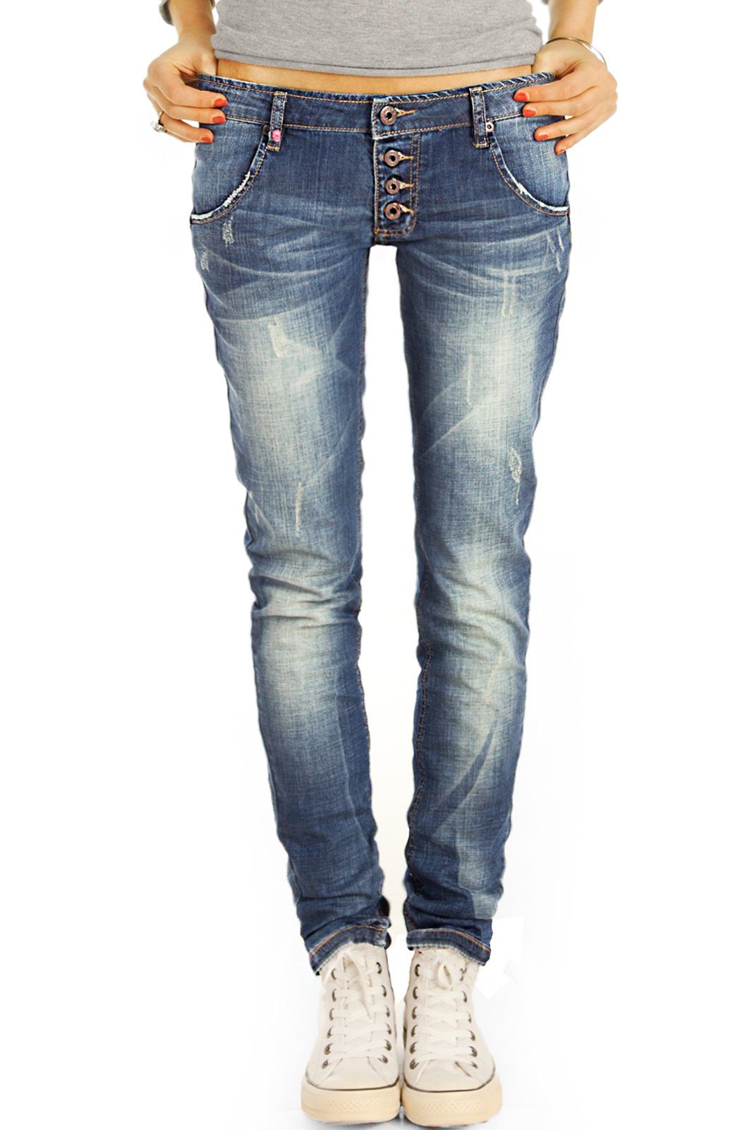 Schlitz styled - Hüftjeans 5-Pocket-Style Saum, Low-rise-Jeans Low Waist Stretch-Anteil, - Knopfleiste am mit j17g-3 mit be Damen