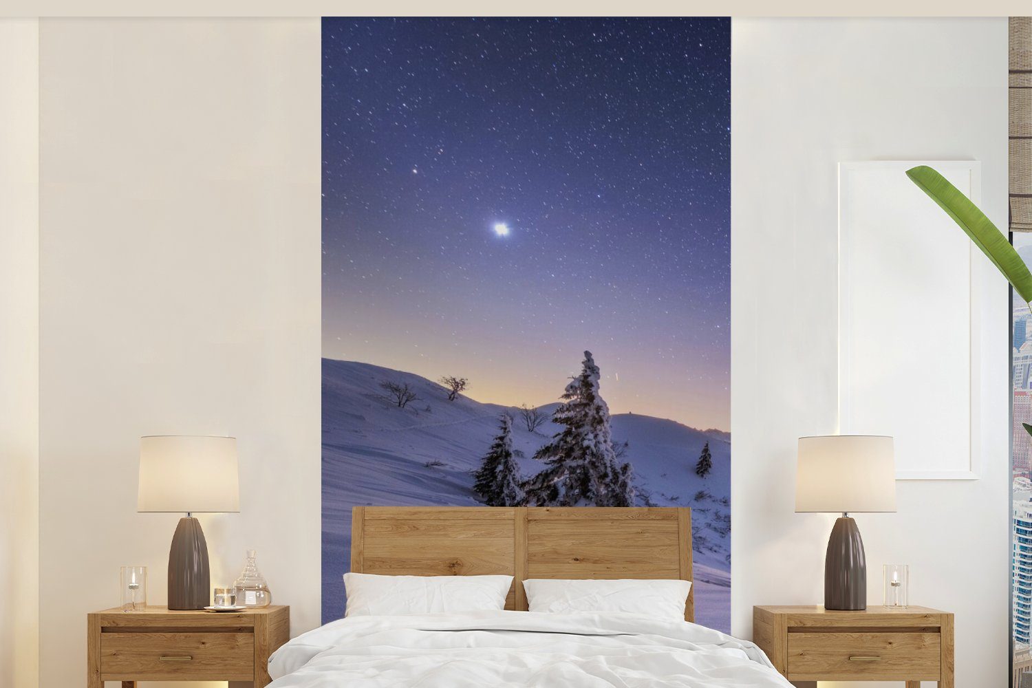 Schnee Fototapete Nacht Vliestapete Küche, Matt, - für (2 St), Wohnzimmer MuchoWow Winter Fototapete - Bäume, bedruckt, Schlafzimmer -