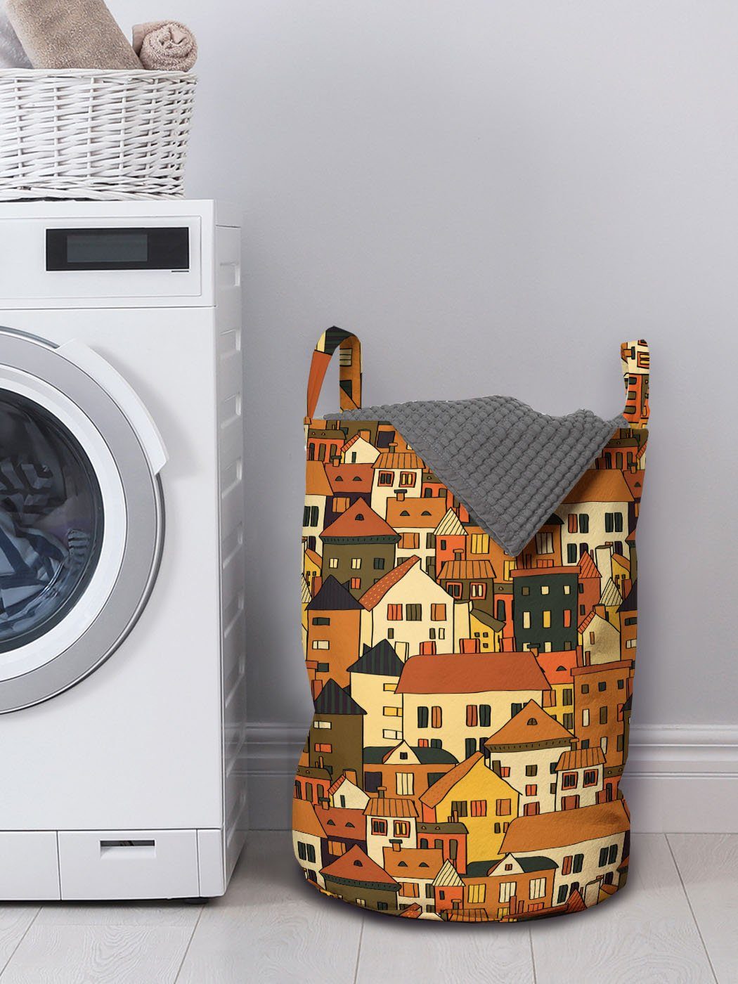 Panorama-Illustration mit Wäschekorb Waschsalons, Abakuhaus für Stadt Griffen Kordelzugverschluss Wäschesäckchen