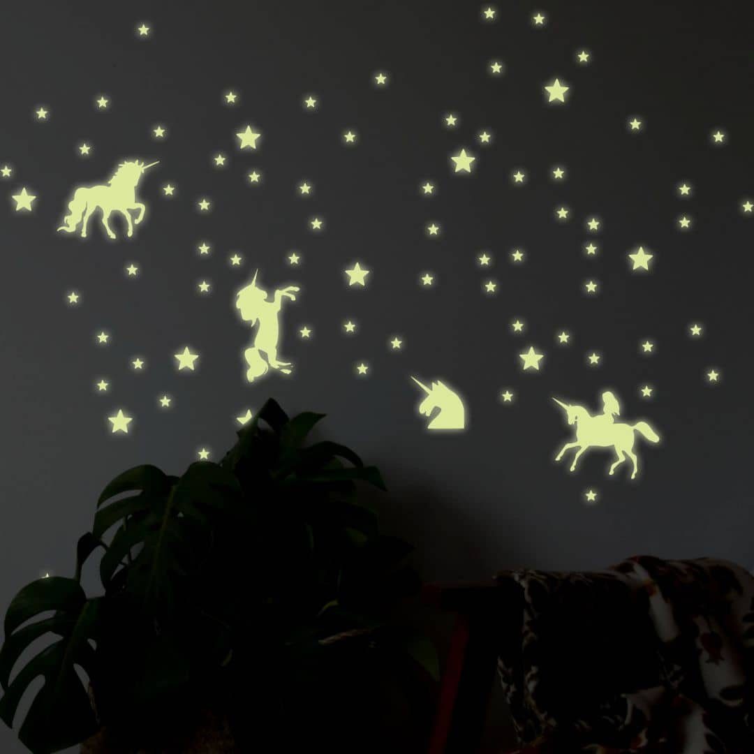 K&L Wall Art Wandtattoo Leuchtsterne Einhorn 200er Set Gelb 40x30cm selbstklebend, Kinderzimmer Leuchtbild