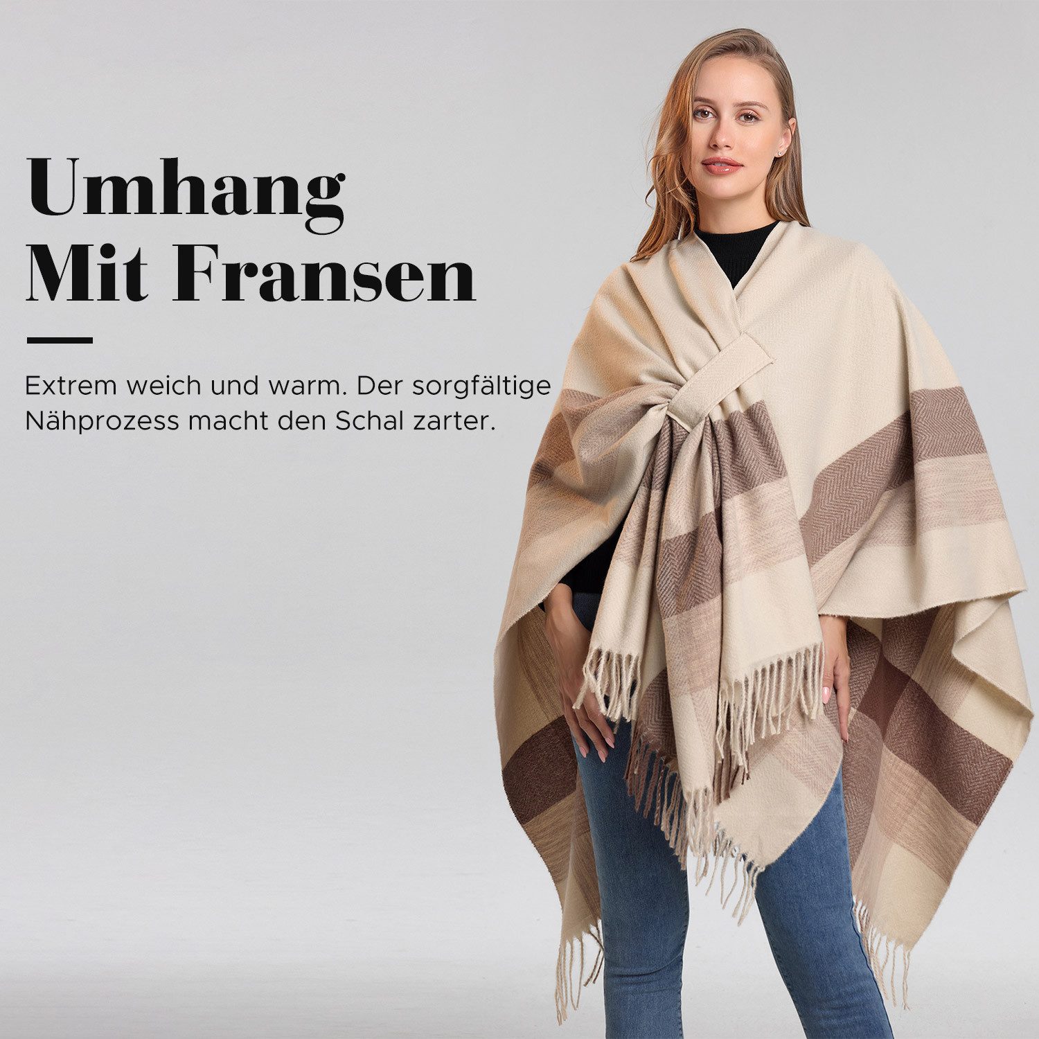 Refttenw Poncho Damen Warmer Winterschal Fransentuch Cape, Oversized Schal 160×135cm Strickponcho, Strickcape
