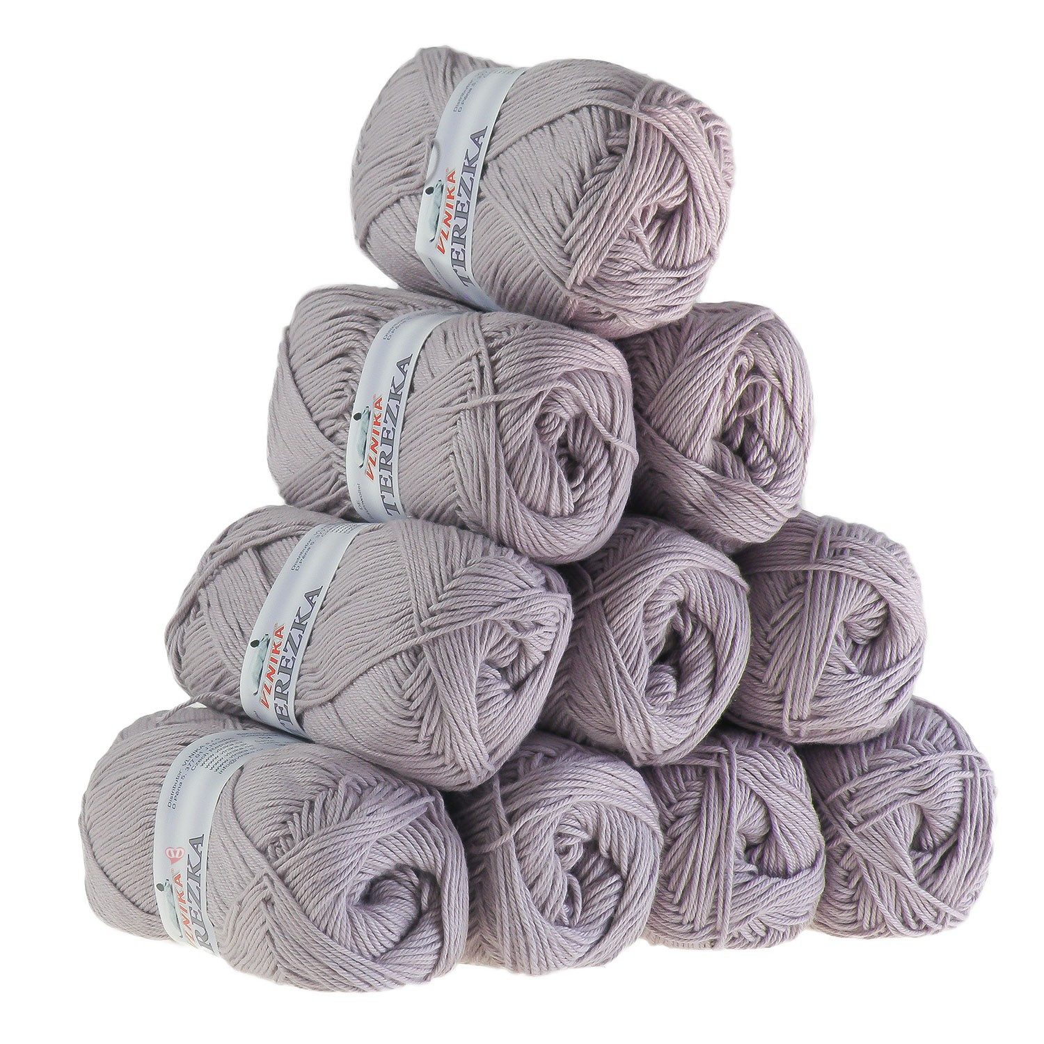 VLNIKA 10 x 50g Strickgarn TEREZKA 100% Baumwolle Baumwollgarn Häkelgarn Häkelwolle, 155 m (Sparpaket 10 x 50g), grauviolett