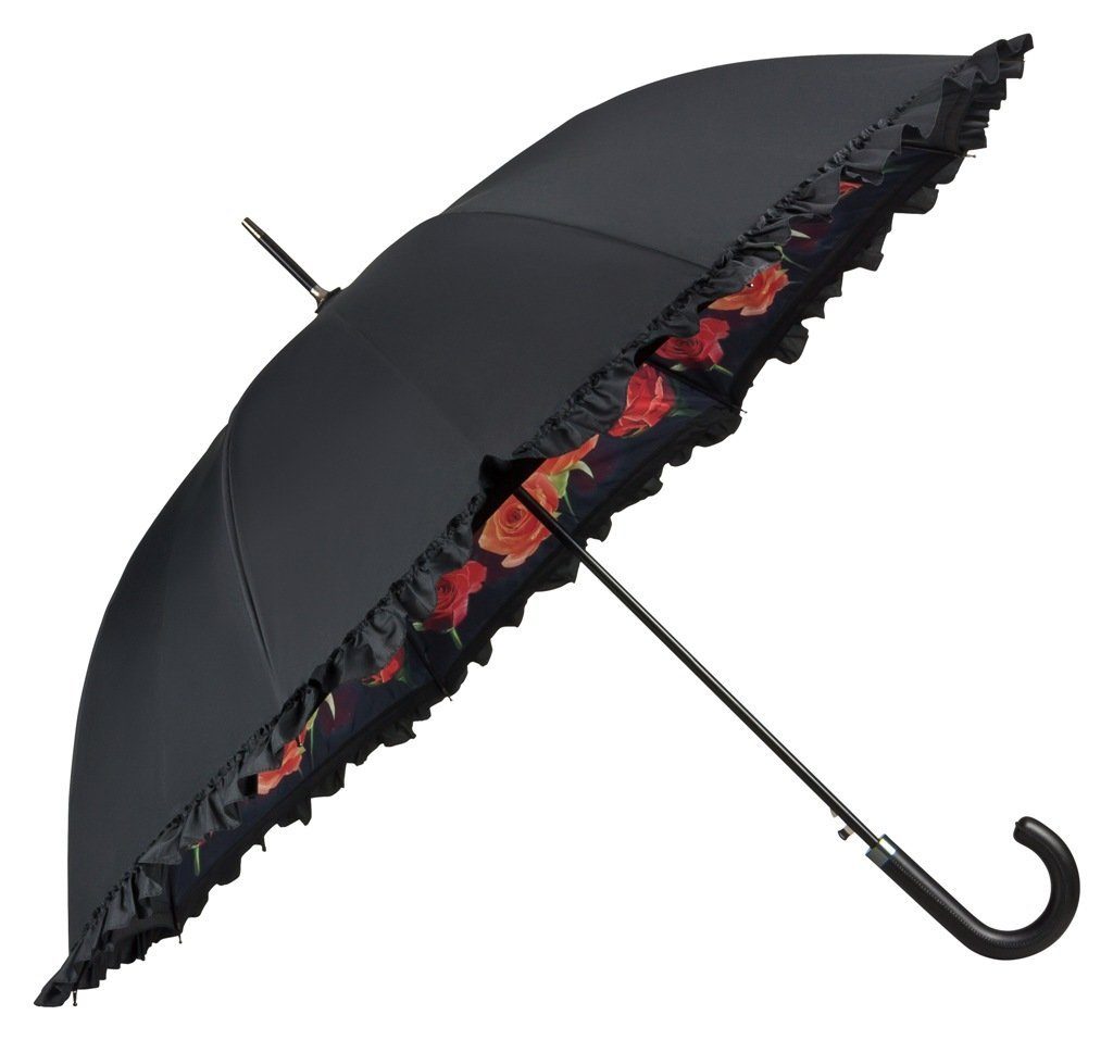 doppelt bespannt schwarz, Rüschenkante, bespannt Stockregenschirm von Rosenbouquet Motiv Doppelt Lilienfeld außen Blumen