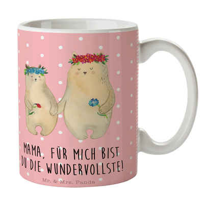 Mr. & Mrs. Panda Tasse Bären mit Blumenkranz - Rot Pastell - Geschenk, Becher, Frühstück, Ma, Keramik