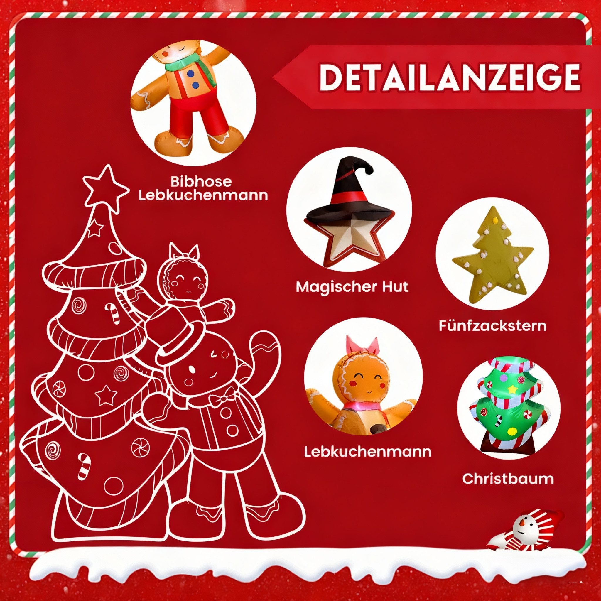 GVDV Weihnachtsfigur Aufblasbare Weihnachtsdeko 2,4 m Lebkuchenmann mit LED-Beleuchtung (Selbstaufblasende Weihnachtsbeleuchtung, 1 St), IP68 Wetterfest, für In – Bild 4 von 5