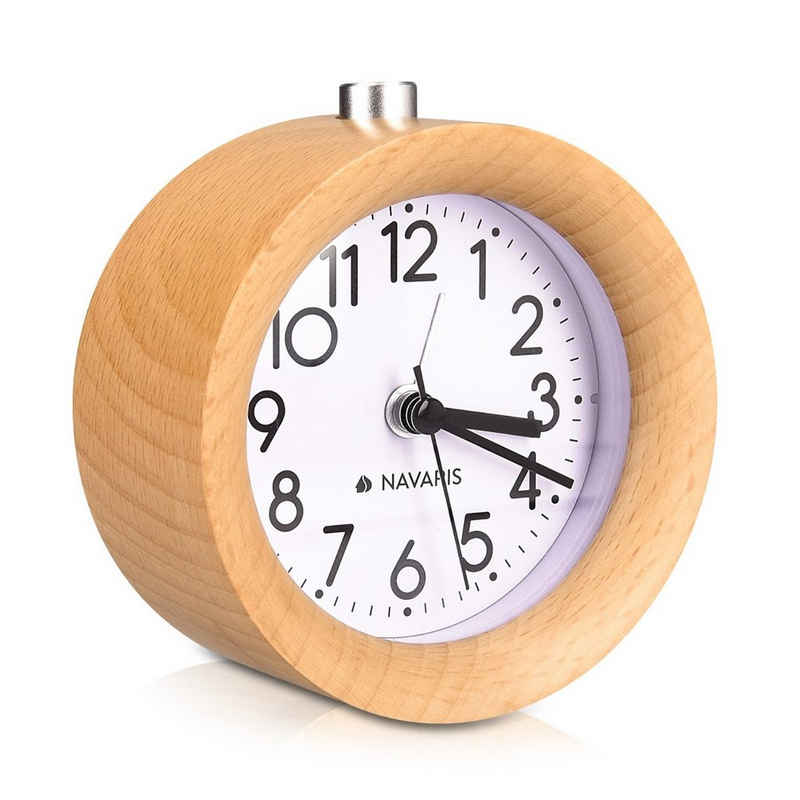 Navaris Wecker Analog Holz Wecker mit Snooze - Retro Uhr mit Ziffernblatt Alarm Licht - Leise Vintage Wood Tischuhr ohne Ticken - Naturholz
