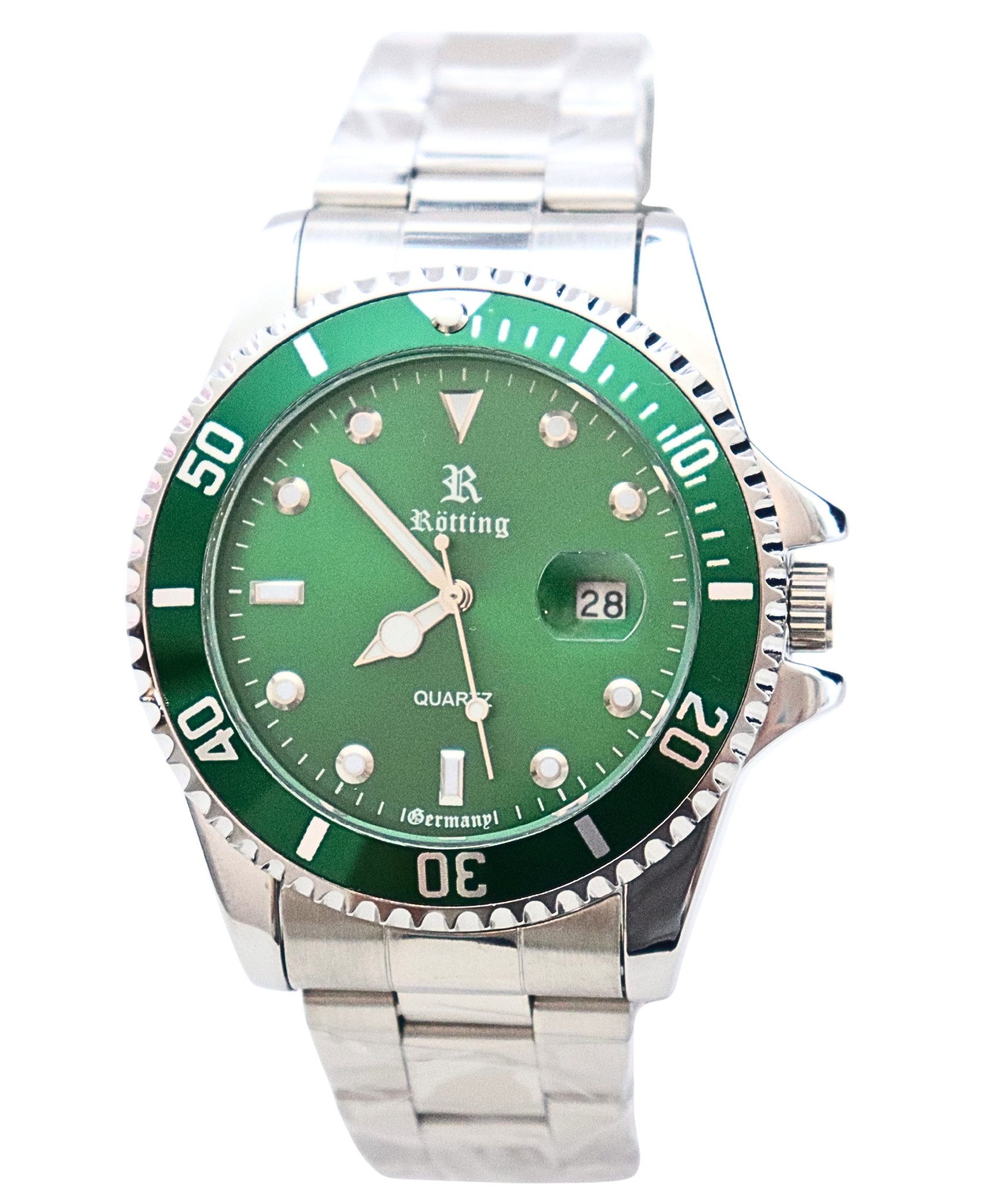 Rötting Design Quarzuhr Herrenuhr Armbanduhr Edelstahl grünes Ziffernblatt DATUM, grüne Lünette drehbar, aus der Collection "Rötting"
