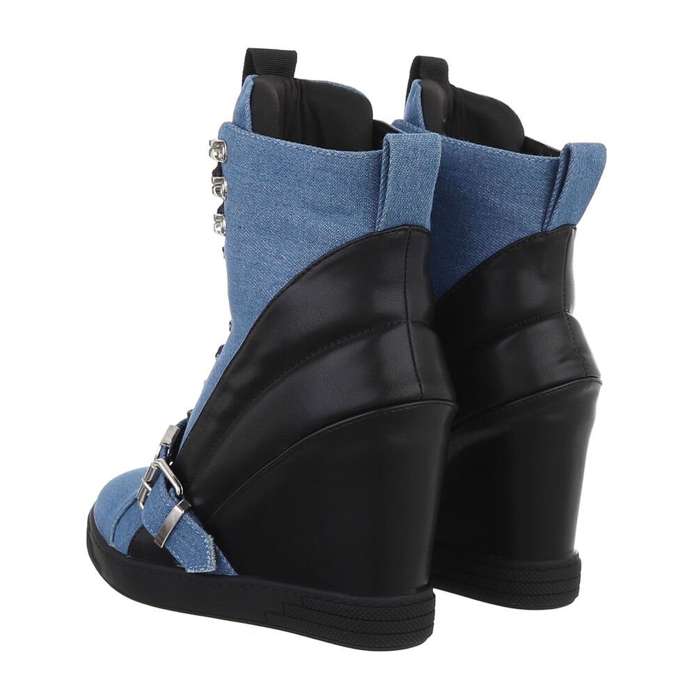 Ital-Design Damen Freizeit Schnürstiefelette Keilabsatz/Wedge High-Heel Stiefeletten in Blau
