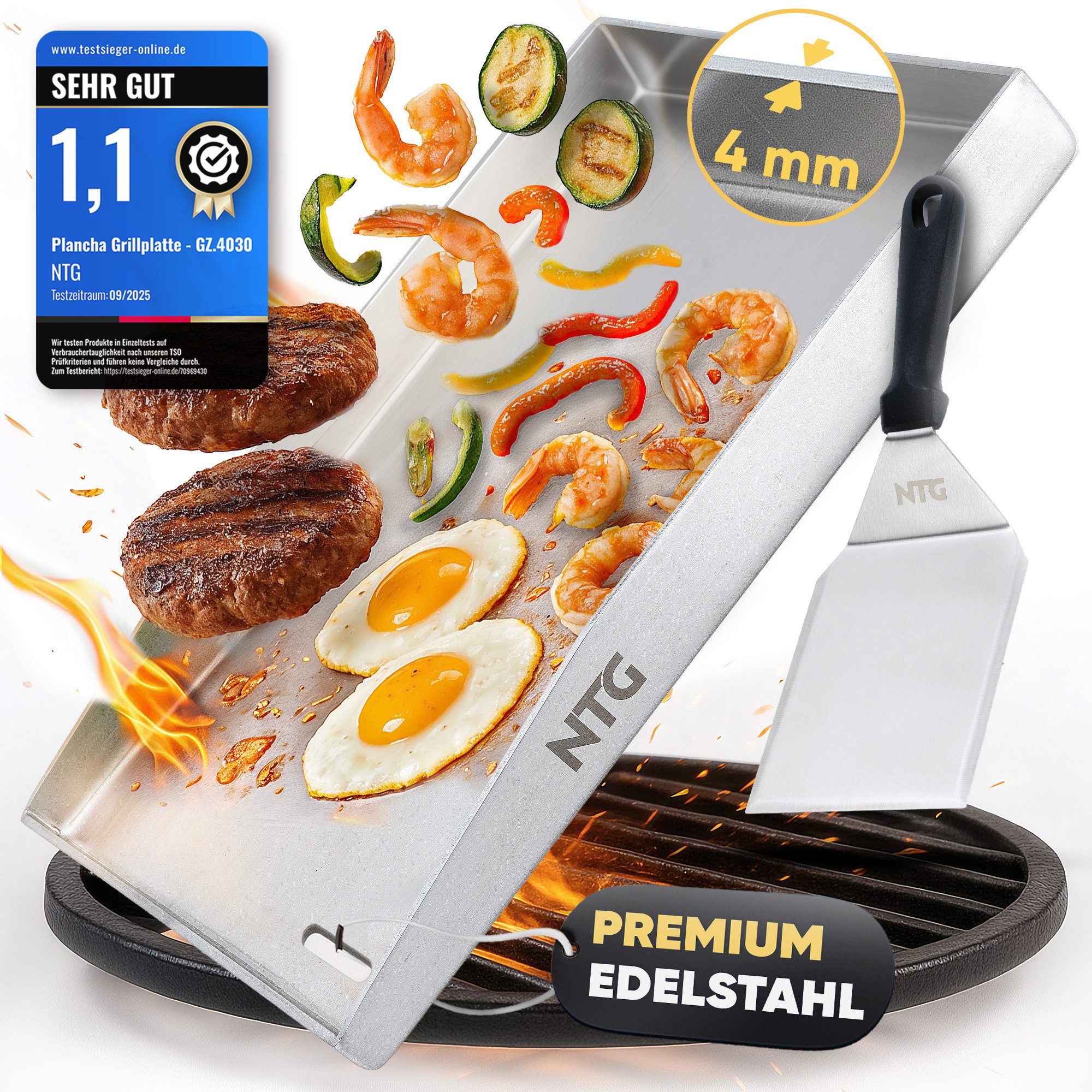 NTG Nutzfahrzeug Technik GmbH Grillplattenaufsatz Plancha Grillplatte Edelstahl 40×30cm Spachtel I Rostfrei+formstabil, Edelstahl