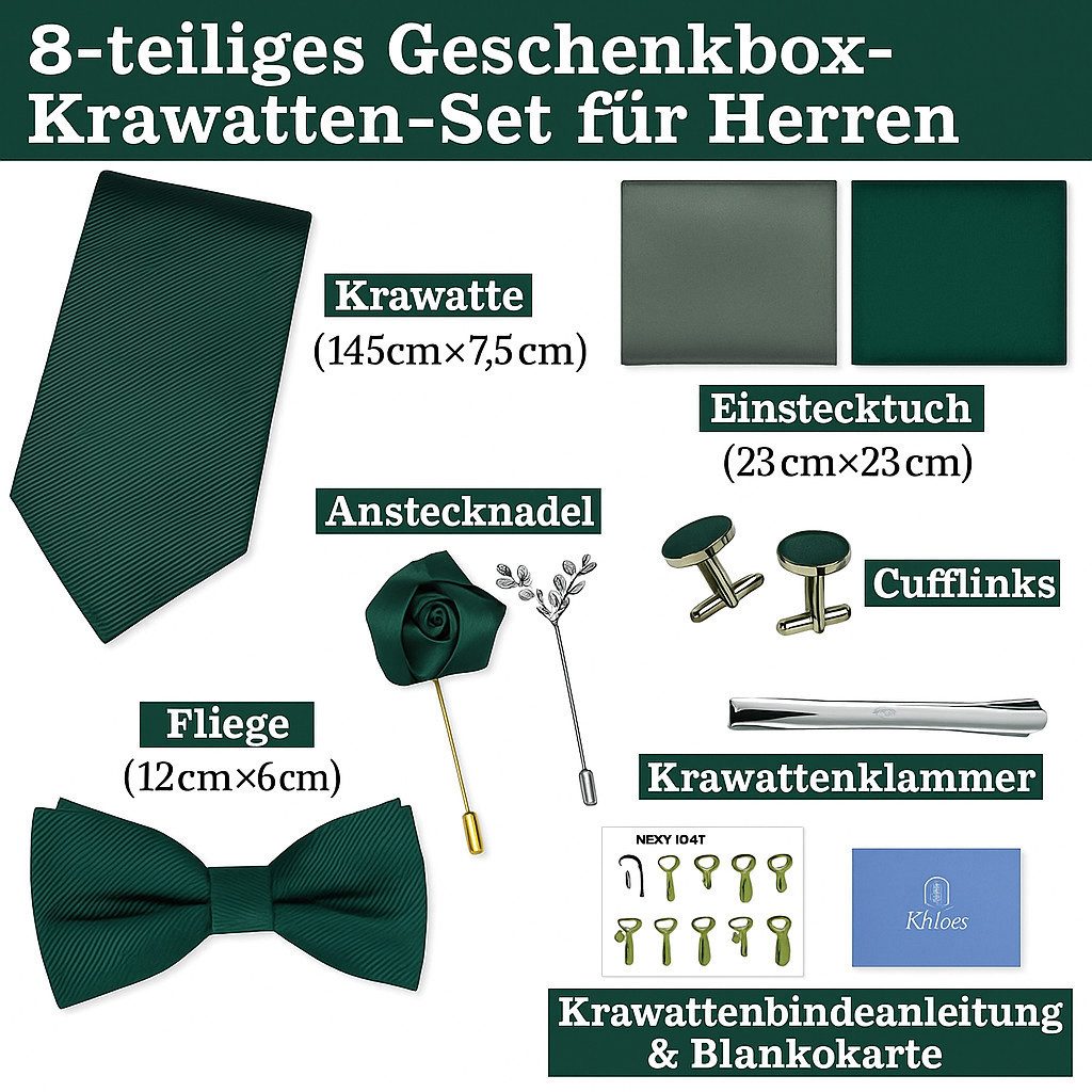 Diyarts Krawatte Hochzeitskrawatte (Fliegen Set mit, Einstecktuch, Manschettenköpfe, Krawattennadel, Boutonniere) Hochwertige Materialien, Vielseitigkeit & Ideales Geschenk
