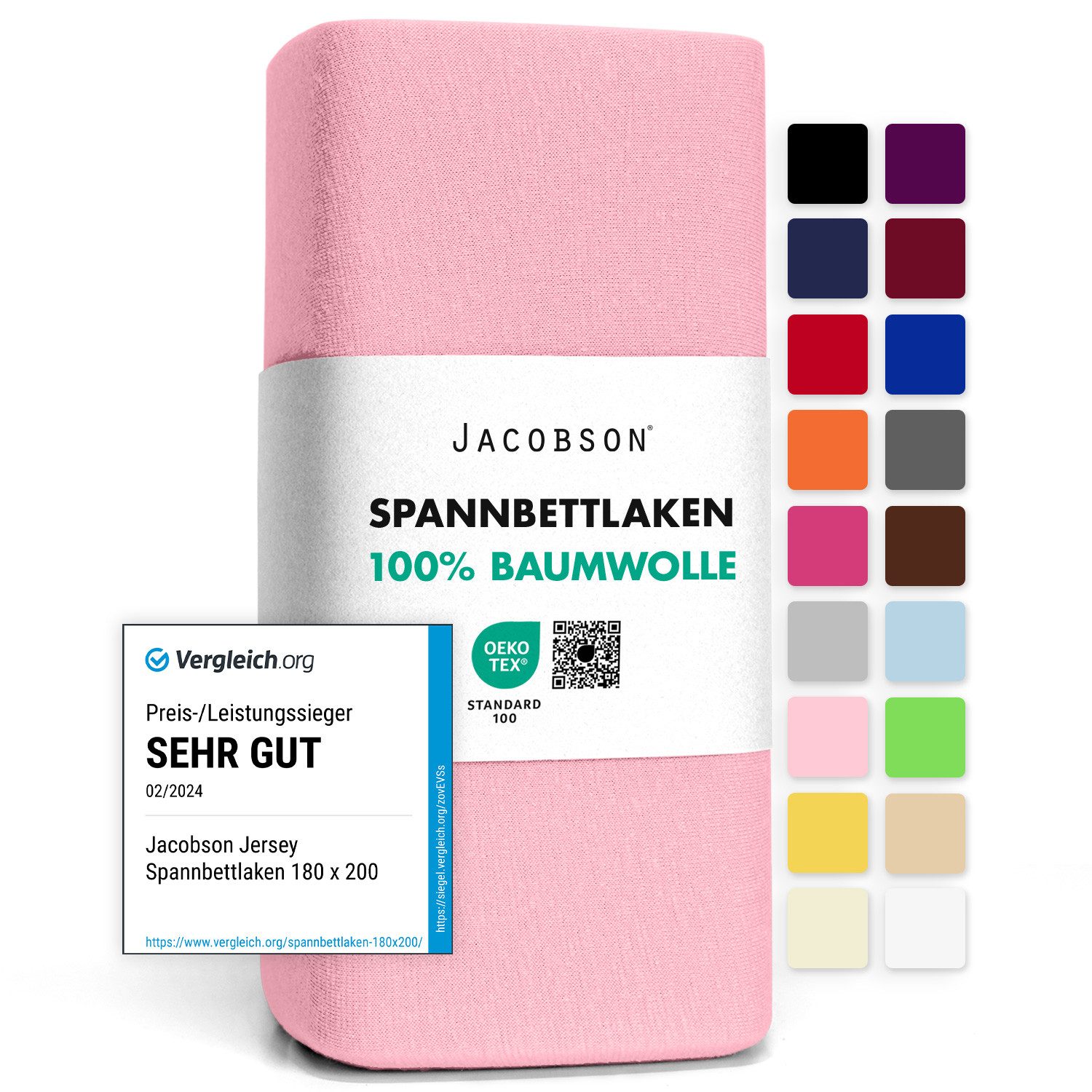 Jacobson Spannbettlaken aus 100% Baumwolle, Jersey Bettlaken 160 g/m², Spannbetttuch mit Gummizug, pflegeleicht & viele Farben