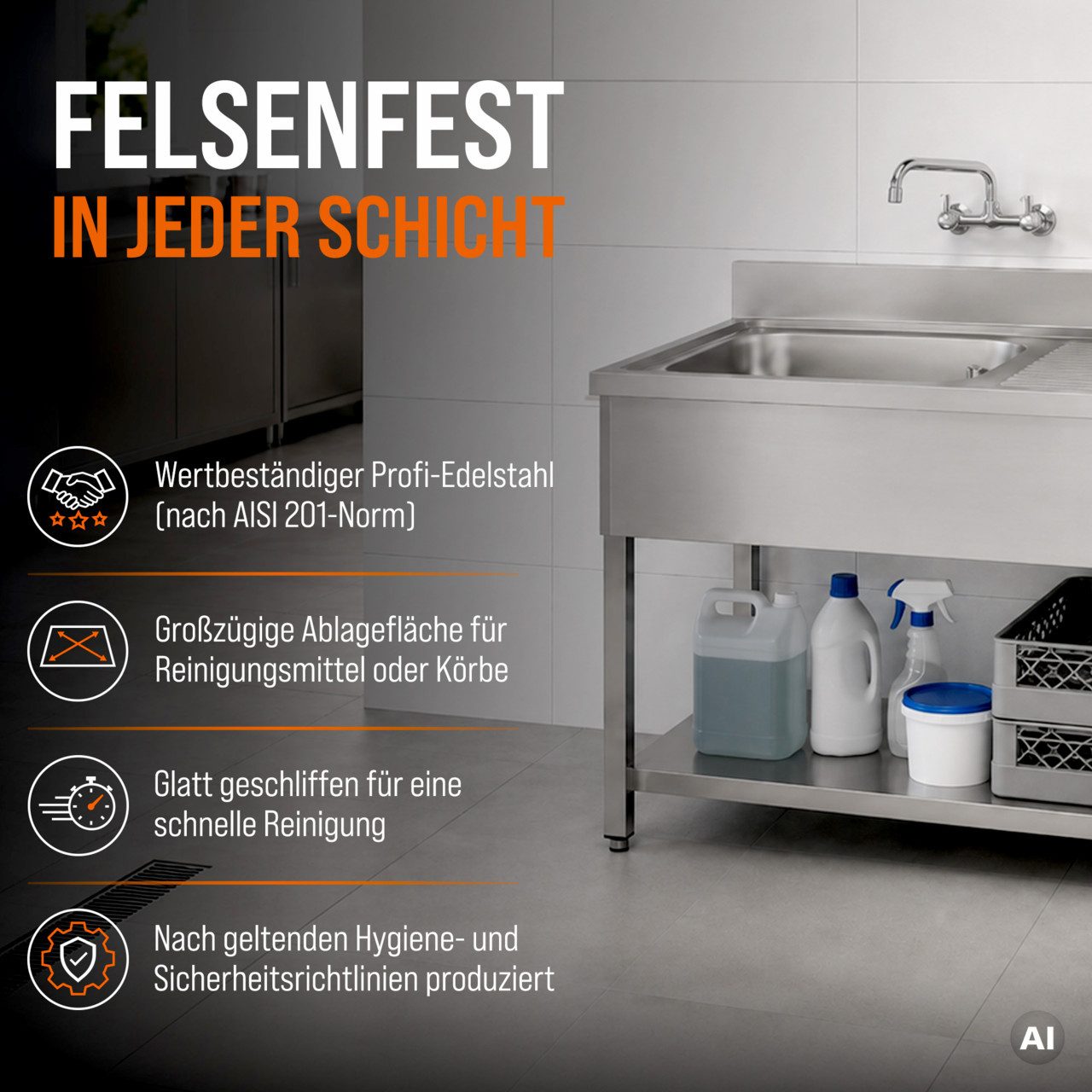 GastroHero Arbeitstisch Spültisch 100x60 cm - Edelstahl mit Becken - Gastro - Spüle, AISI201-Edelstahl, Grundboden, nach Hygienerichtlinien produziert – Bild 3 von 5