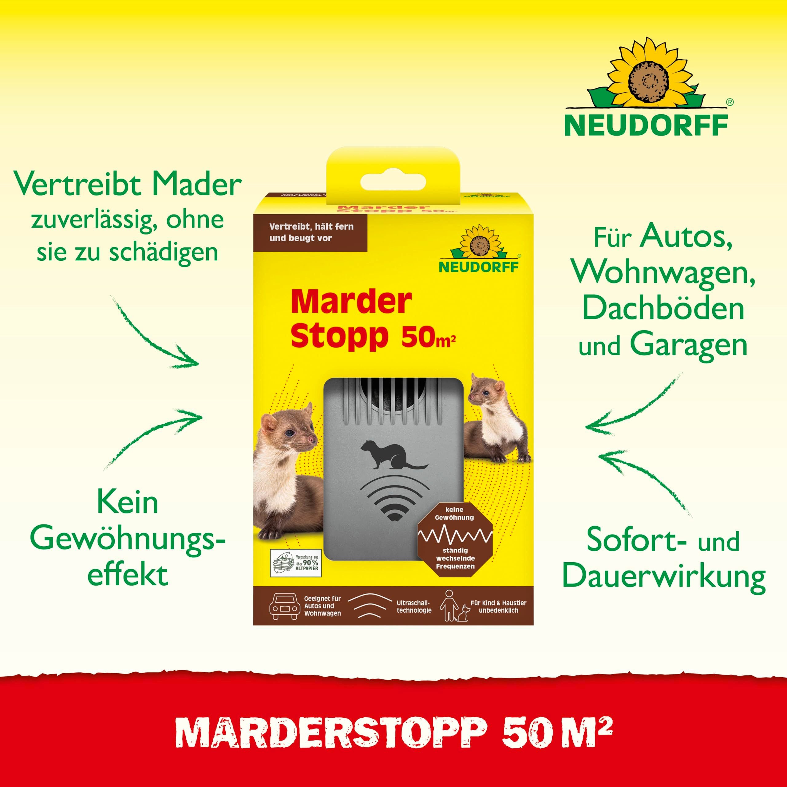 Neudorff Vergrämungsmittel MarderStopp deckt 50m² ab, Vertreibt Marder sofort und dauerhaft, Marderschreck mit Anti Gewöhnungseffekt, für Autos, Wohnwagen, Dachböden und Garagen