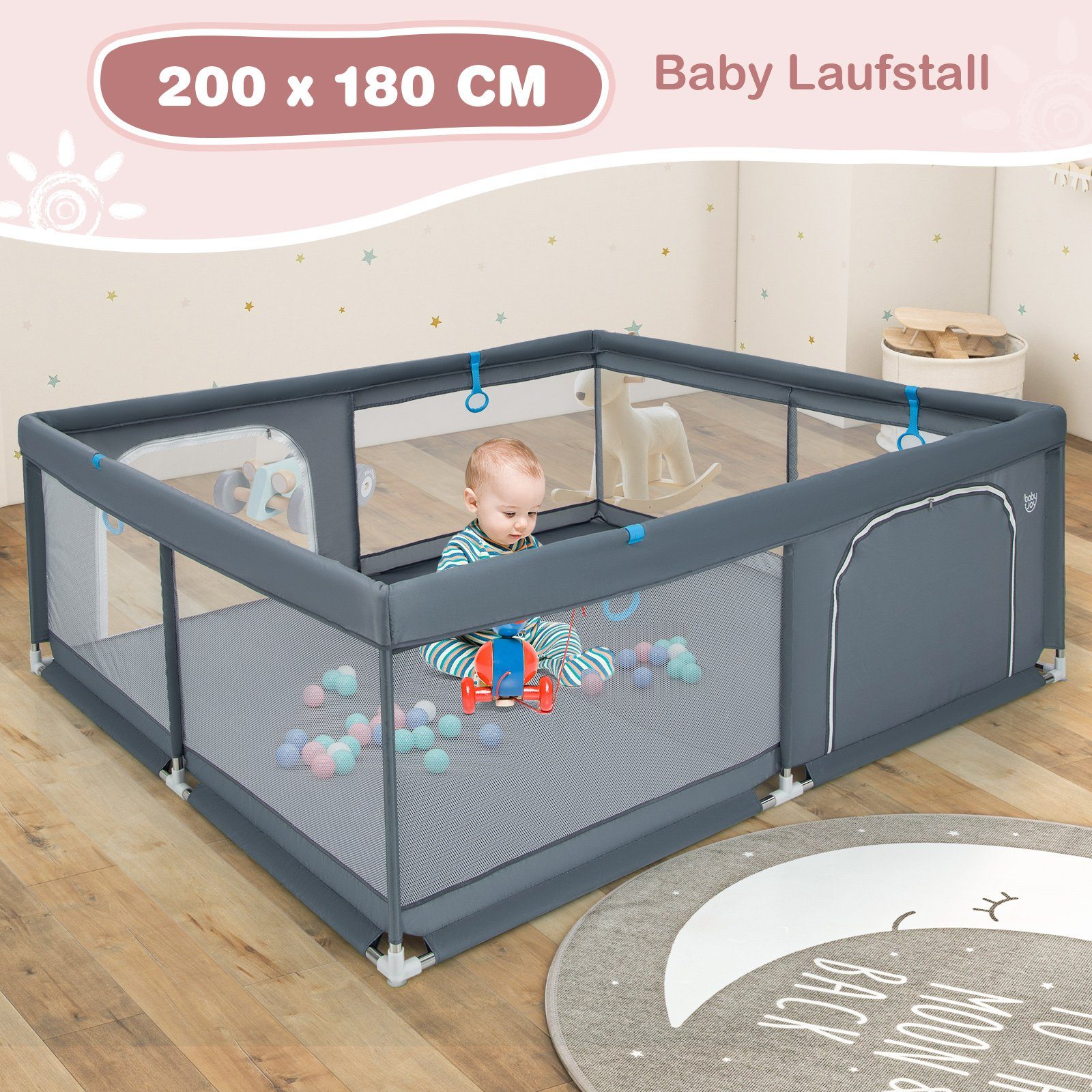 COSTWAY Laufstall Baby x grau mit Bällen 200 50 180cm, Laufgitter