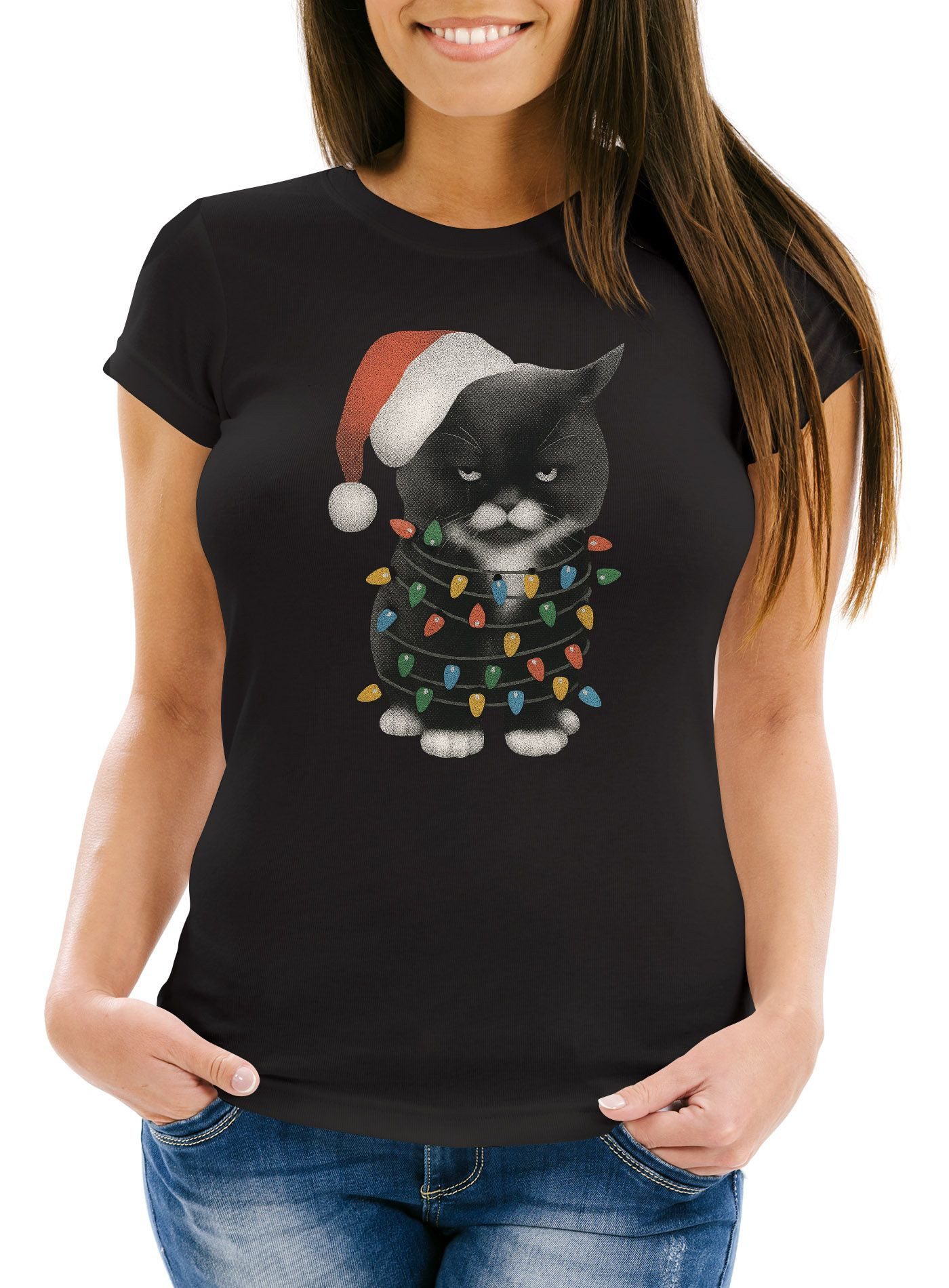 Neverless Print-Shirt Damen T-Shirt Weihnachtsshirt Katze Grumpy Cat Weihna günstig online kaufen