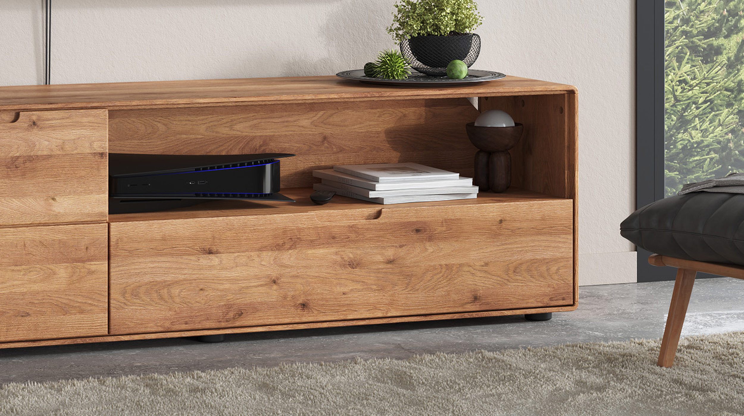 Massivart® TV-Board LUCAS 149 cm / montiert / Massivholz Wildeiche geölt, 1 Tür / Schublade / offenes Fach / Soft-Close-Funktion