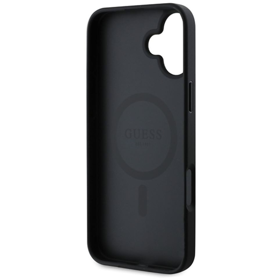 Guess Handyhülle iPhone 16 Plus schwarz glitzernde Optik Logo goldfarbig MagSafe 6,7 Zoll, Kantenschutz
