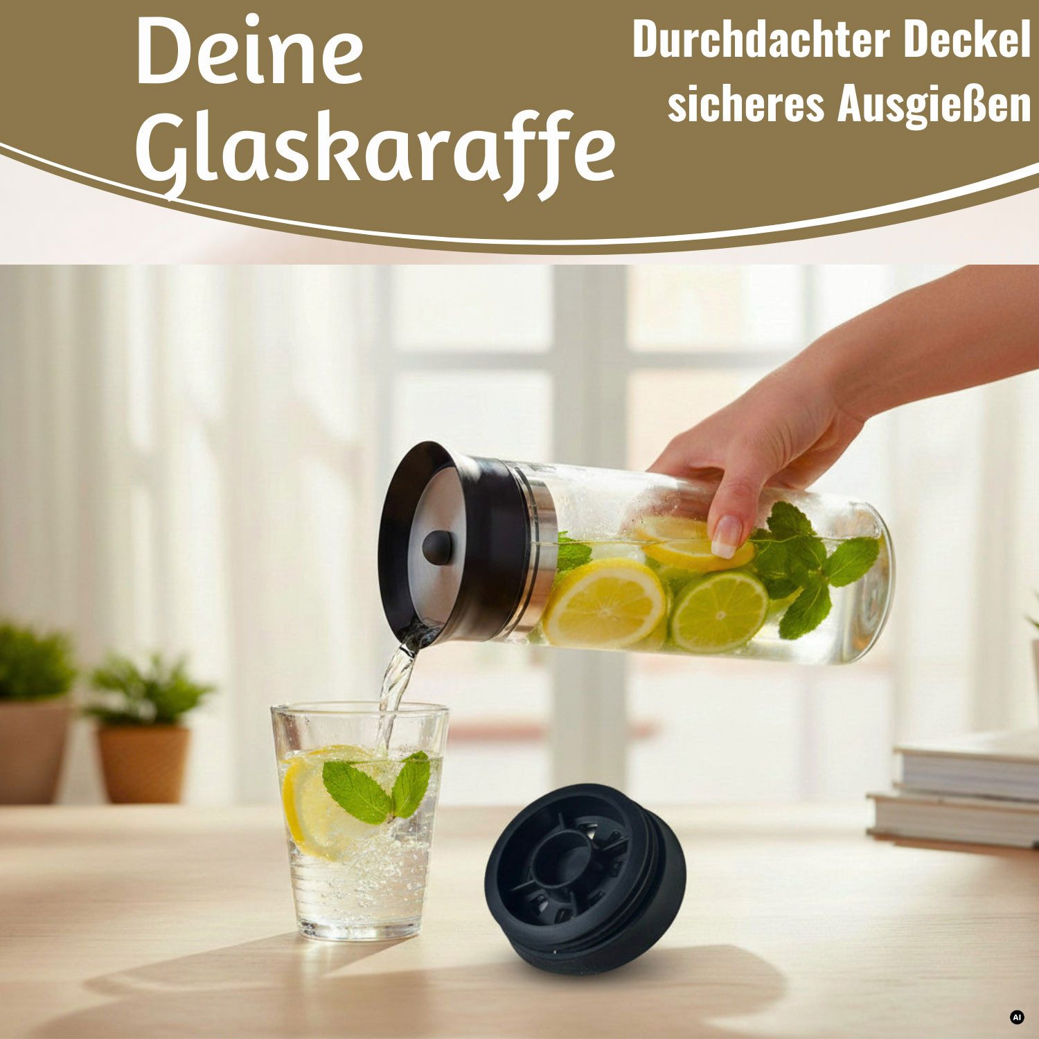 LS-LebenStil Wasserkaraffe 1x Glas Wasserflasche 1L Borosilikatglas Flasche Karaffe mit Deckel, (mit Silikon Deckel und integriertem Sieb, Glaskaraffe Trinkflas – Bild 4 von 5