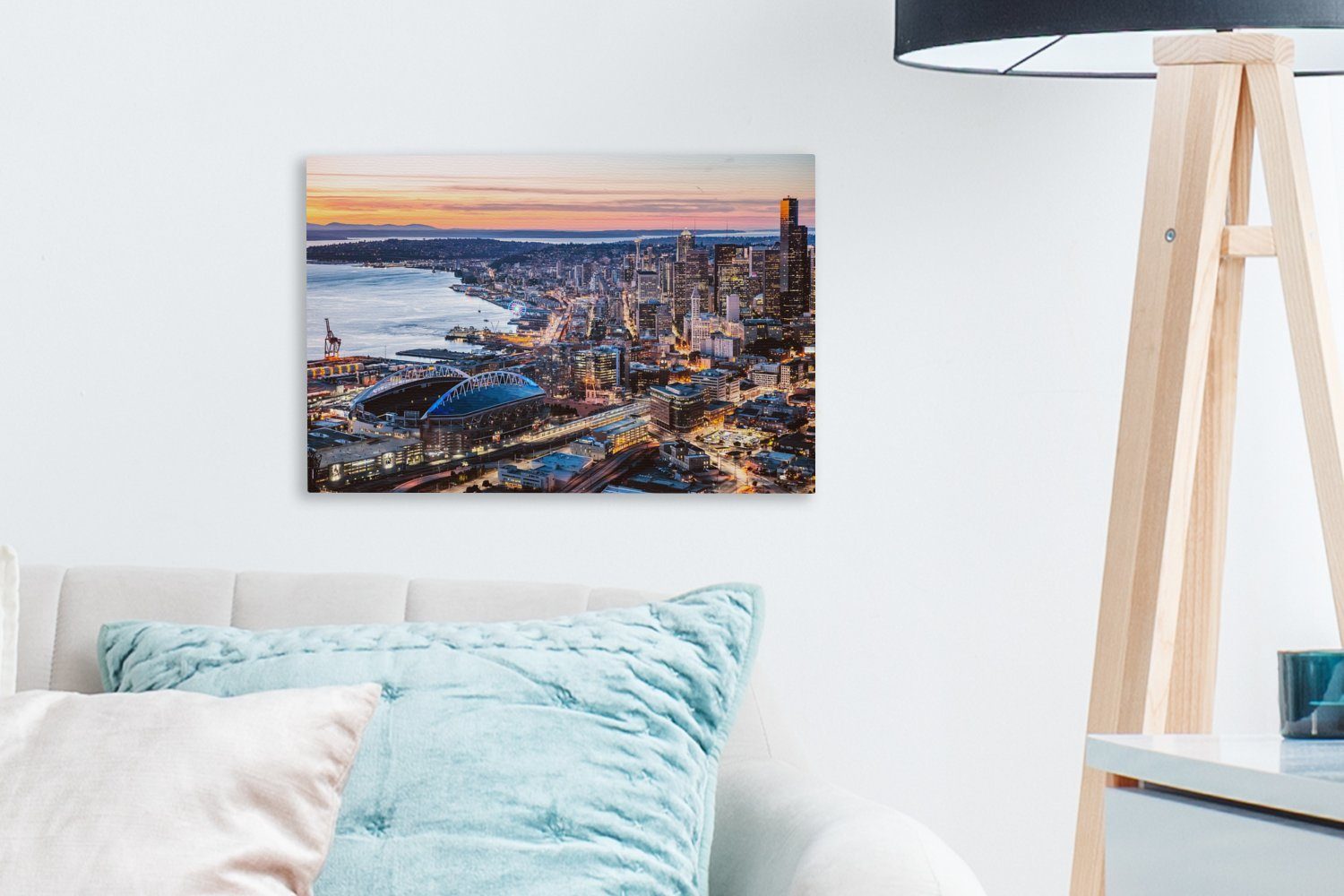OneMillionCanvasses® Leinwandbild Seattle - Skyline 30x20 - Leinwandbilder, Aufhängefertig, (1 cm Sonnenuntergang, St), Wanddeko, Wandbild