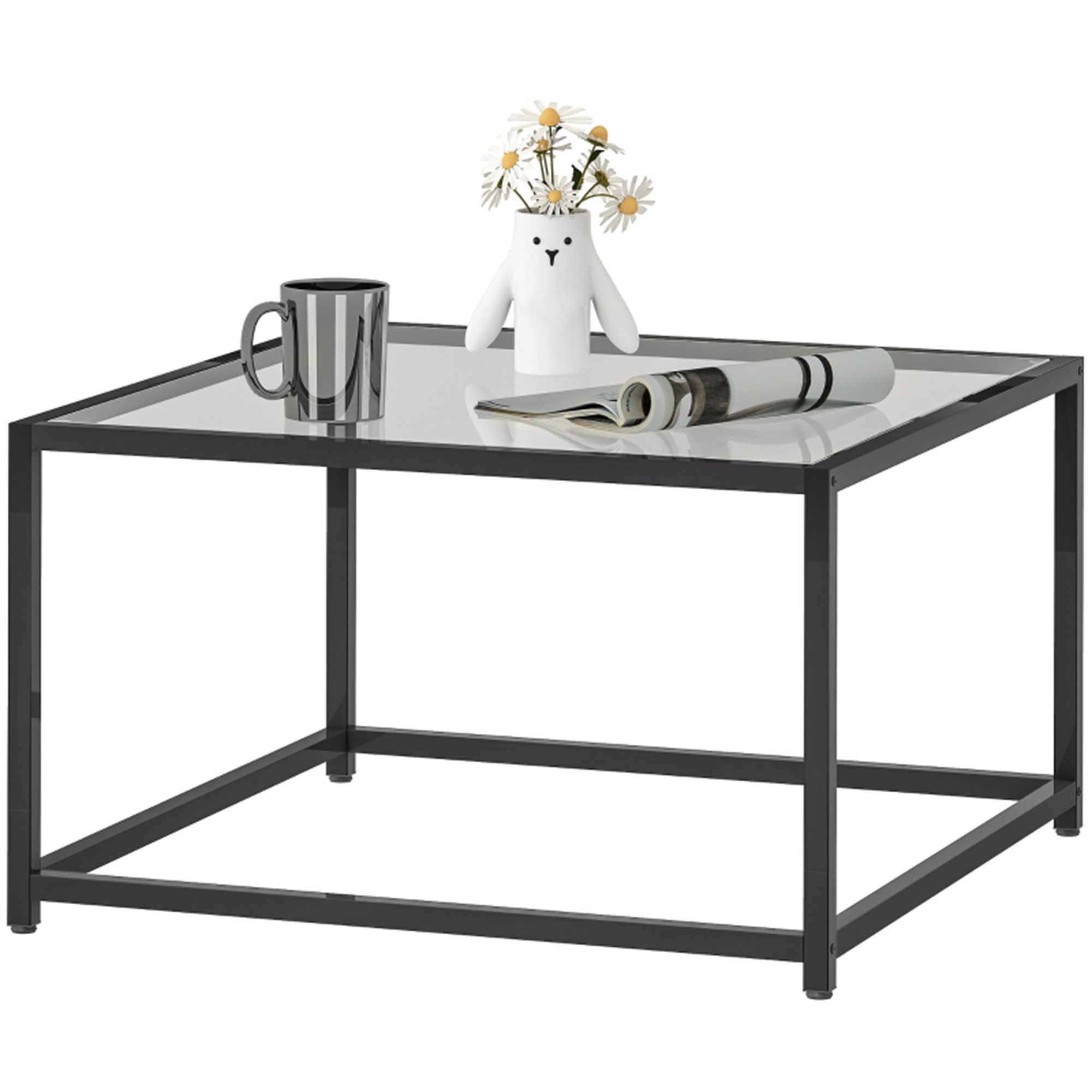 MC Star Beistelltisch Quadratisch Nachttisch mit Hartglas-Tischplatte, Couchtisch (mit Beinen aus Stahl 68 x 68 x 39 cm Schwarz)