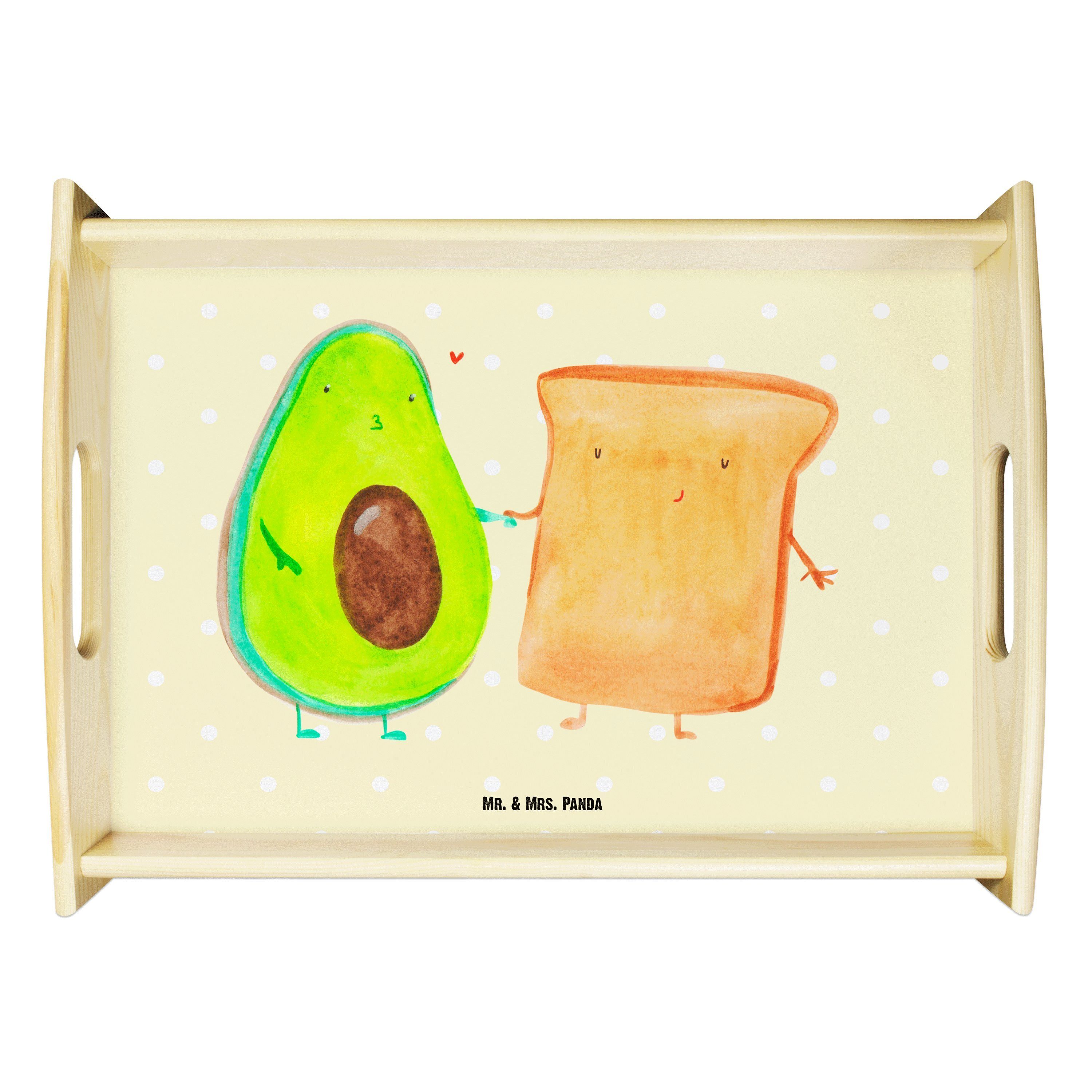 Mr. & Mrs. Panda Tablett Avocado + Toast - Gelb Pastell - Geschenk, Frühstückstablett, Holztab, Echtholz lasiert, (1-tlg)