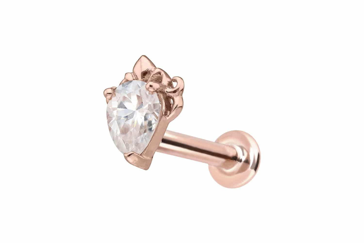 Piercing-Set 14 Karat Gold Labret mit Innengewinde MOISSANIT-TROPFEN