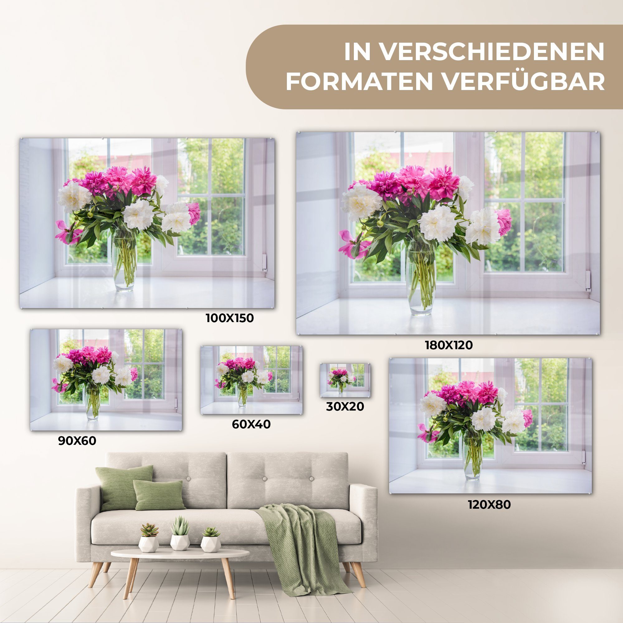 auf (1 - - Glas Blumen - Bilder Glas Pfingstrosen auf Acrylglasbild Wandbild Vase, MuchoWow Glasbilder - - St), Wanddekoration Foto