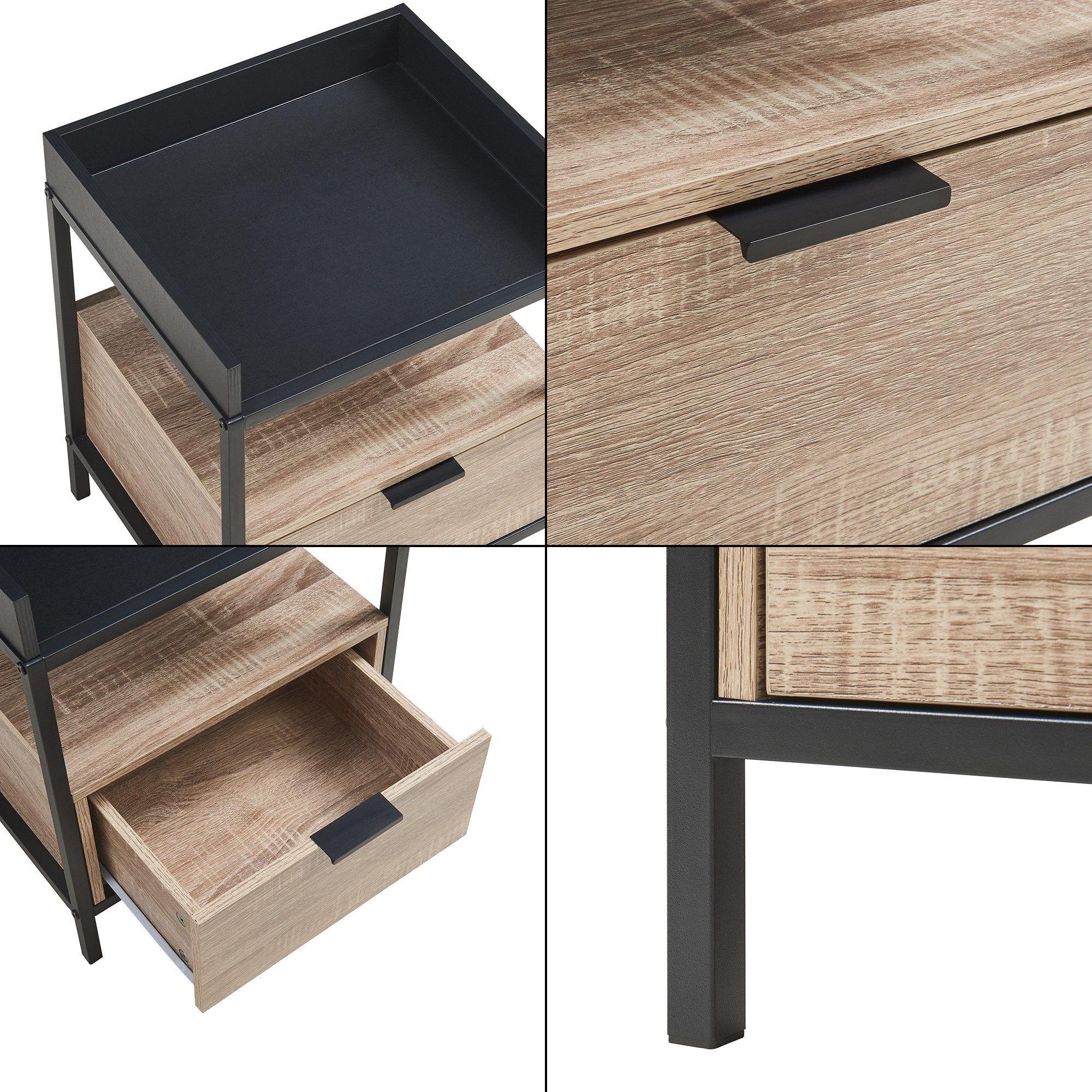 en.casa Nachttisch, »Belana« 51x40x35 cm mit Schublade Metallgestell Schwarz/Eicheoptik