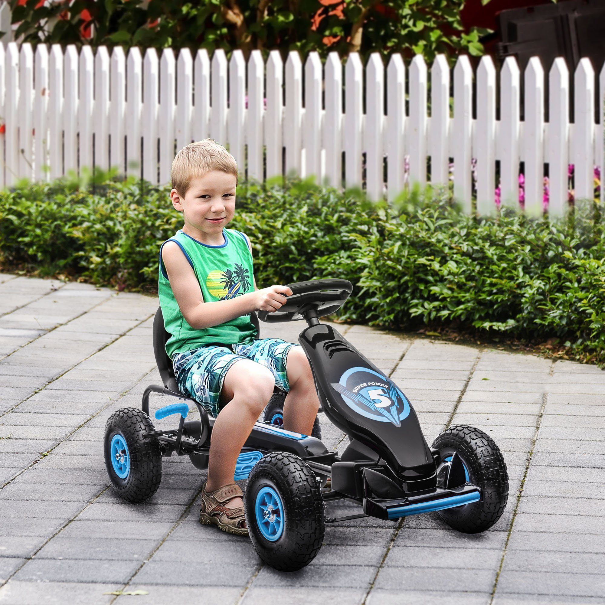HOMCOM Go-Kart Kinder-Gokart, mit verstellbarem Sitz, für Garten, Balkon, Blau+Schwarz