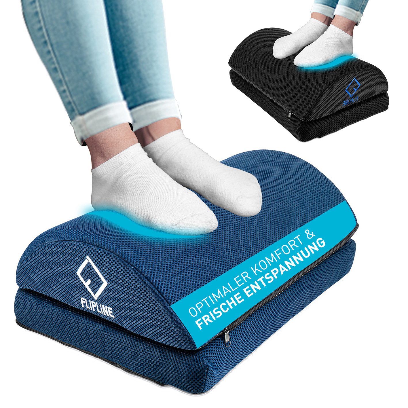 FLIPLINE® Fußstütze Fußstütze Fußablage Mesh blau, Komfort im Büro Homeoffice Sofa Entlastung Entspannung
